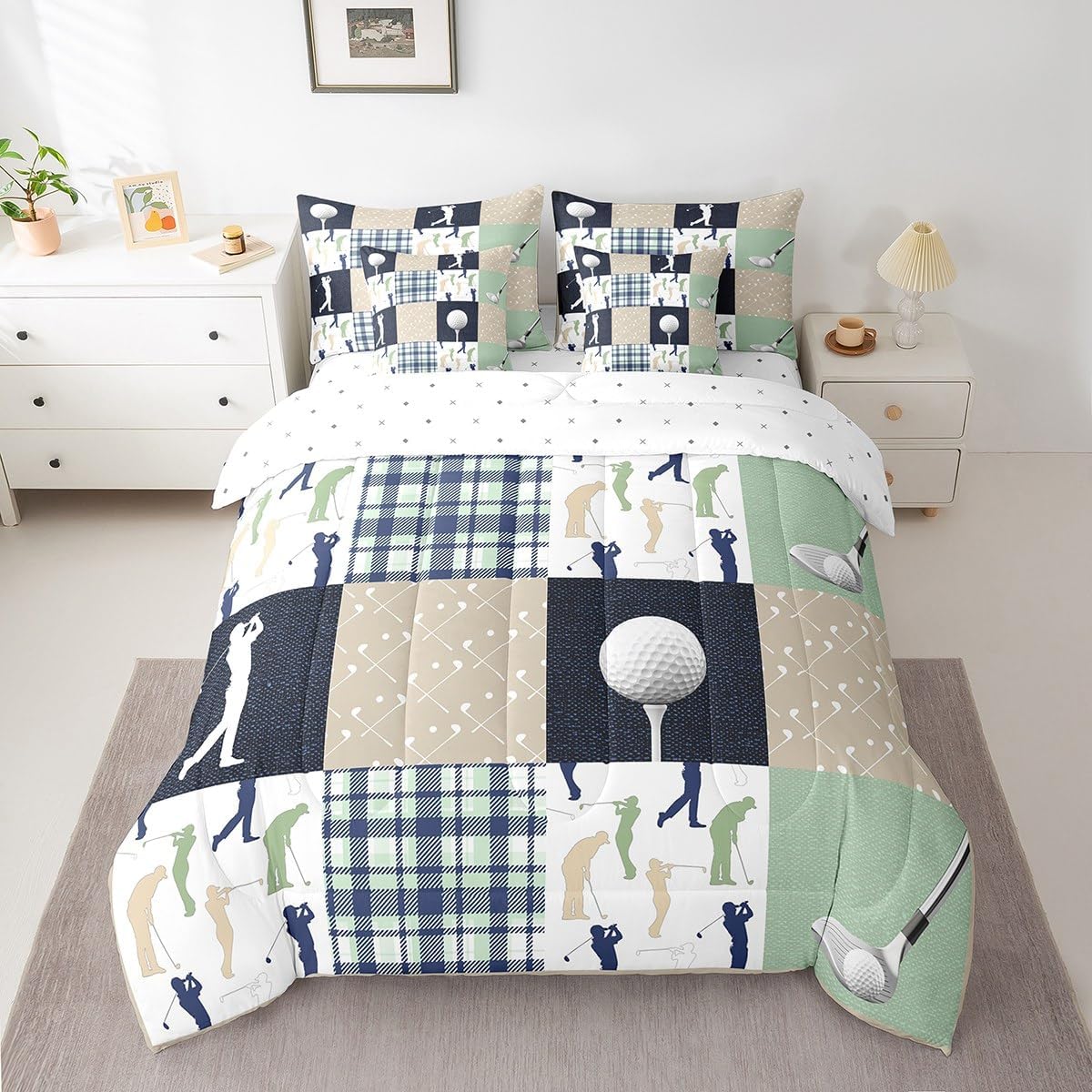 Castle Fairy Golf Plaid Kids Comforter Set 7 Piece Twin Size,Ball Sports Lover Style Checkered Reversible Quilt Set,Green Buffalo Grid Geometric Bedding Set with Comforter,Sheet,Pillowcase