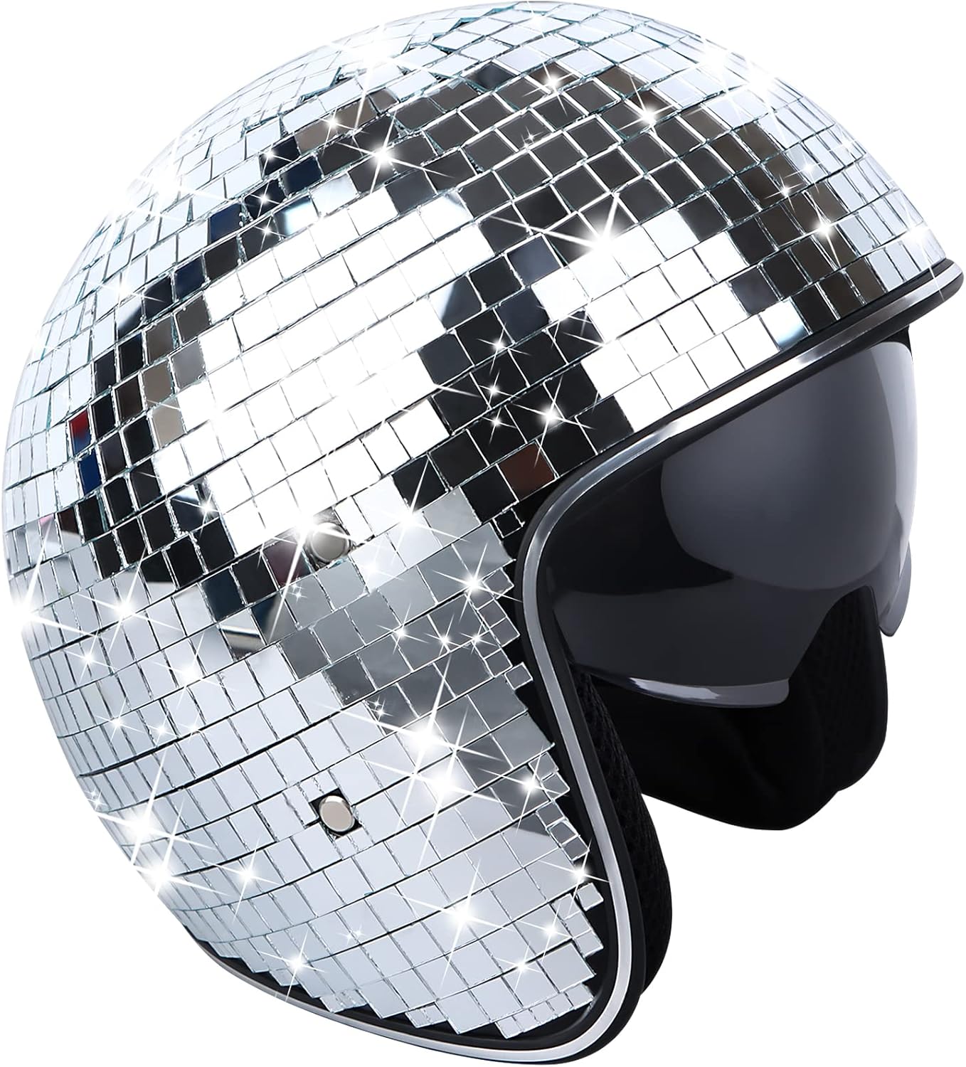 Disco Ball Helmet with Retractable Visor Silver Glitter Mirror Glass Disco Ball Hat Helmet for Women Men DJ Club Stage Bar Party Wedding ( unknown size )