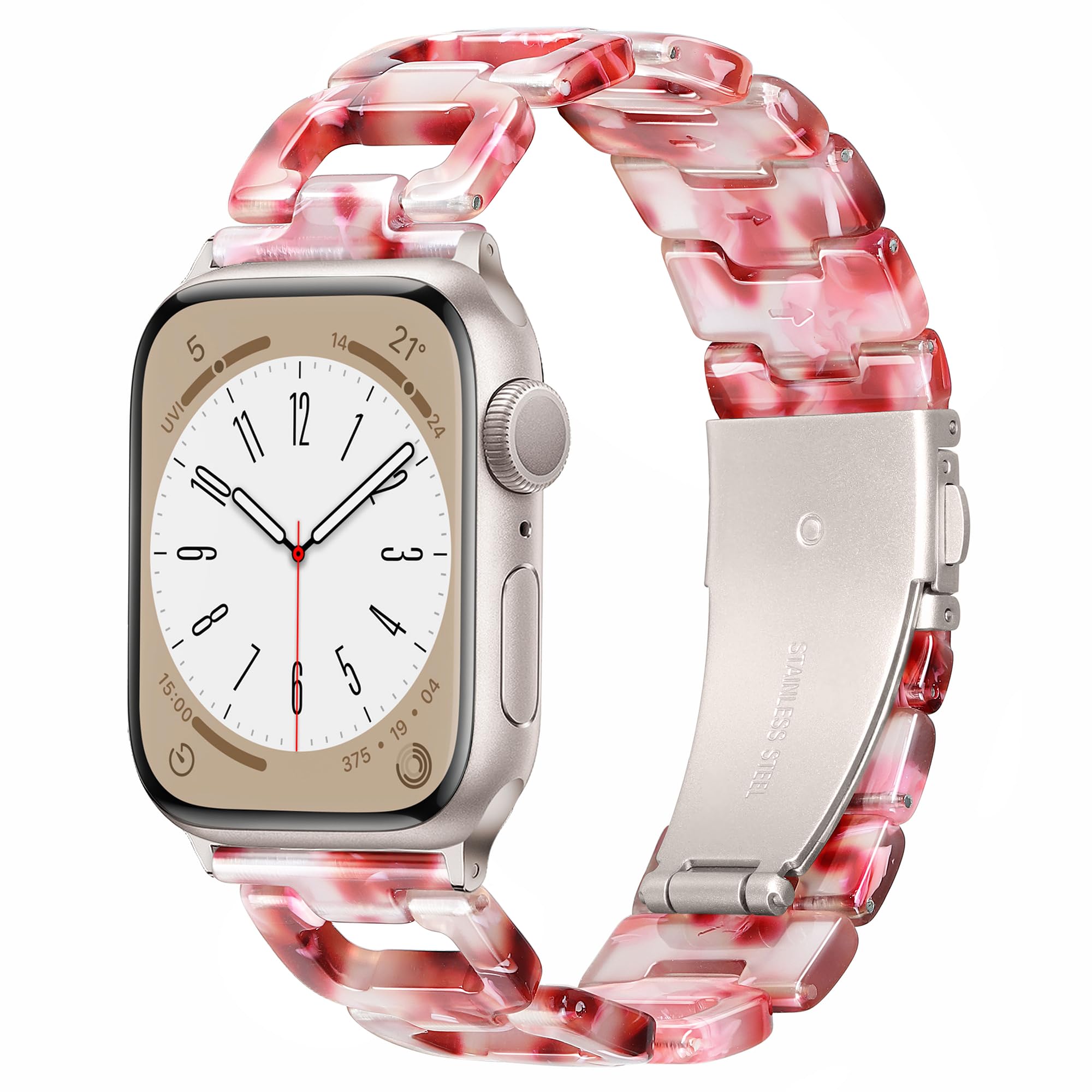 Light Apple Watch Band -D-shaped Resin iWatch Band Starlight Compatible with Stainless Steel Buckle for Apple Watch Ultra 2 1 Series 9 Series 8 Series 7 SE 6 5 4 3 2 1(Peaches Red,49mm/45mm/44mm/42mm)