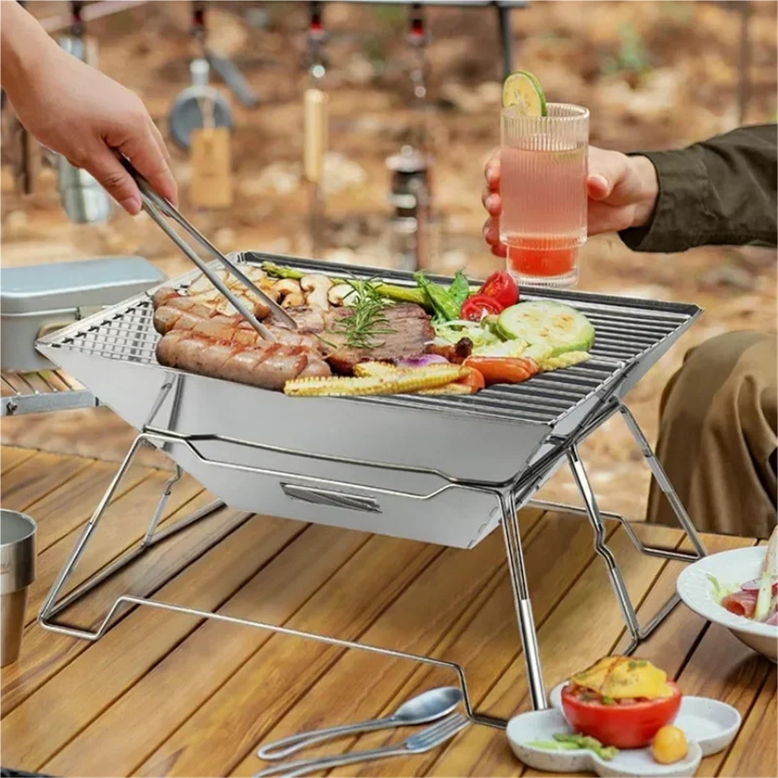 Parrilla plegable de acero inoxidable para exteriores, fácil de montar, portátil, para camping, parrilla de carbón para el hogar