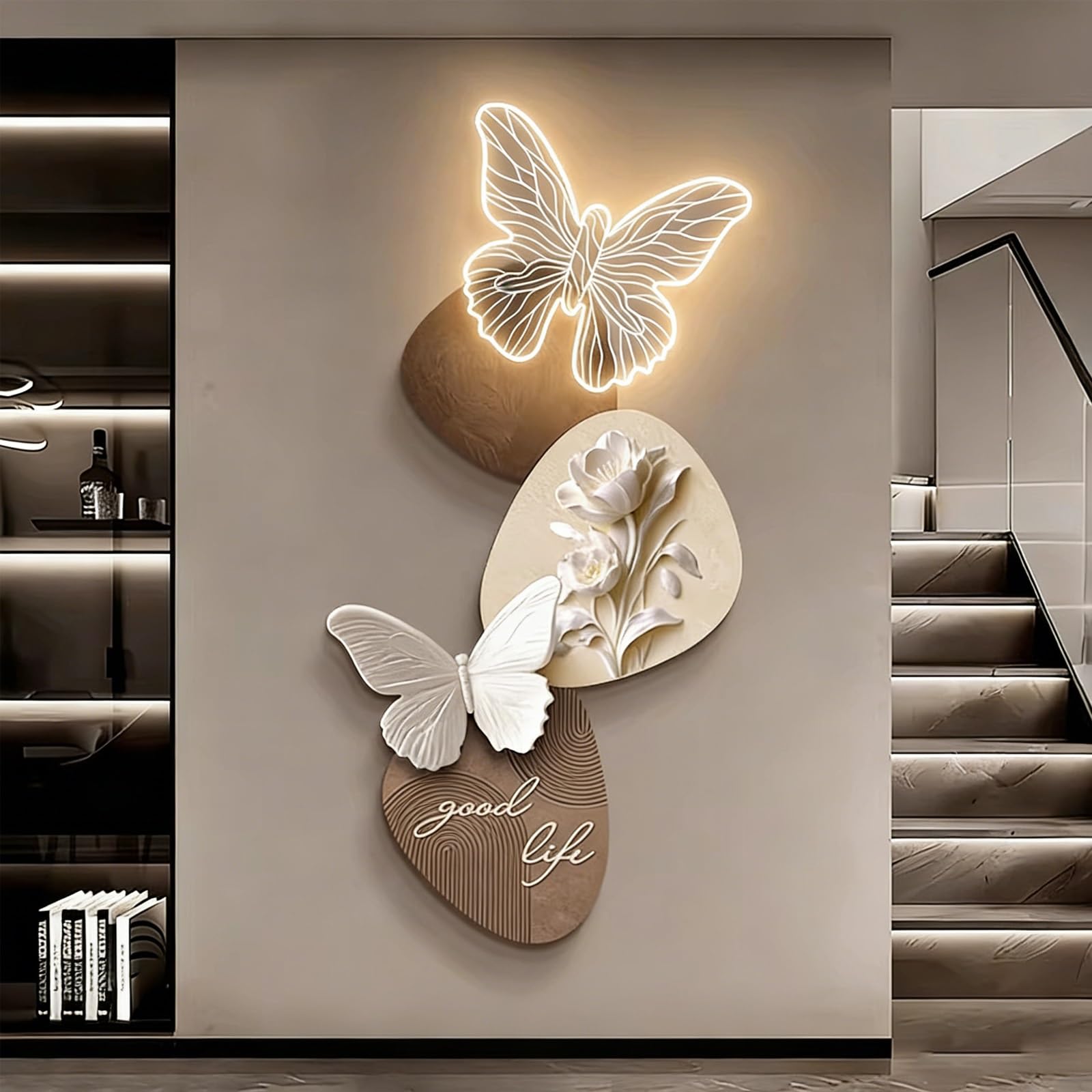 Art mural 3D LED néon rose déco moderne salon grès texturé 80x40cm