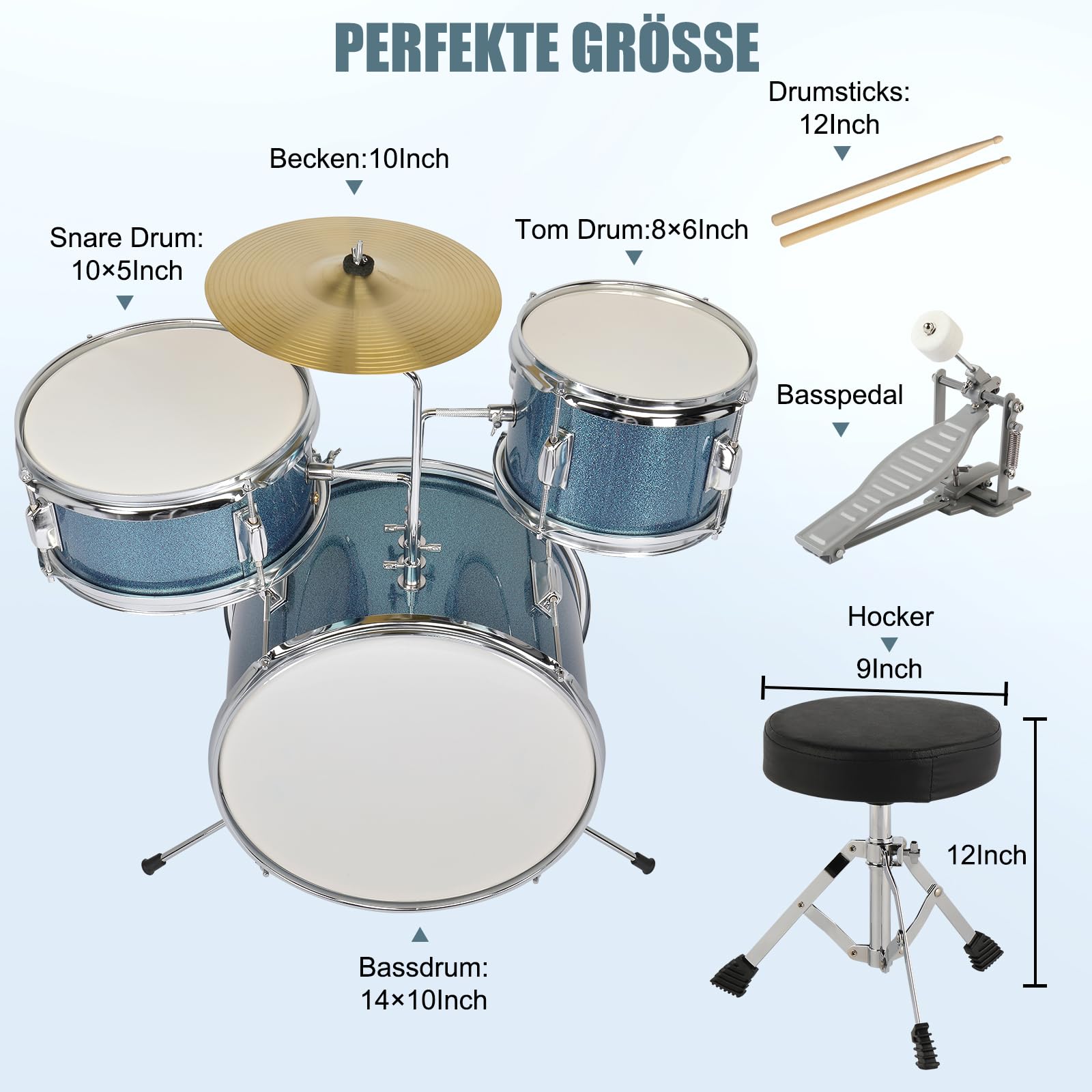 LEADZM Schlagzeug Set 14'' für Kinder ab 3 Jahren, 3PC Anfänger Drum Set mit Hocker, Bassdrum-Pedal und 2 Drumsticks, Becken, Tom und Snare Drum (Blau)