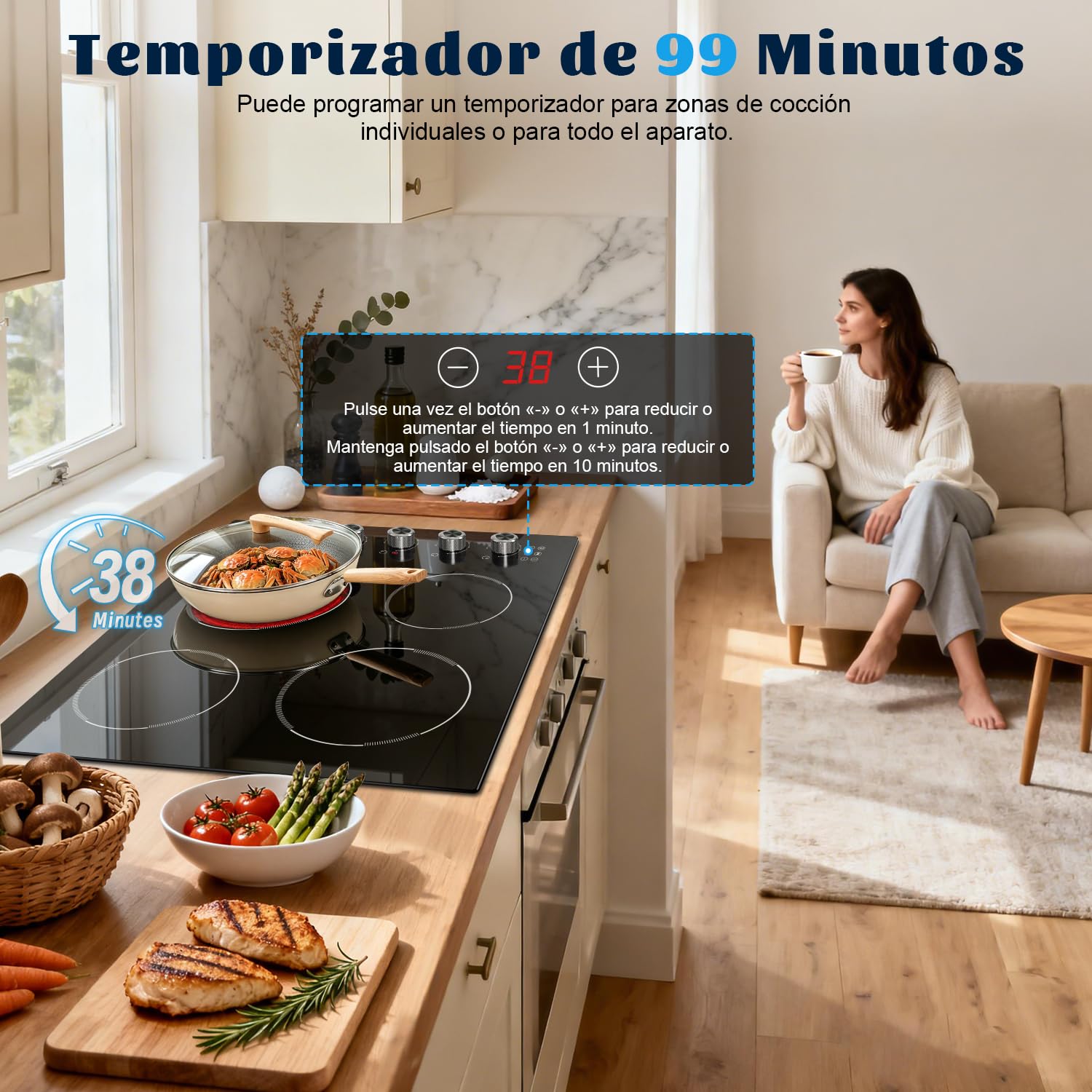 Placa Vitrocerámica de 4 Fuegos, Vitroceramica Empotrada de 60CM, 6000W | Controles táctiles y Perillas, con Bloqueo de Seguridad, Temporizador, Función de Pausa
