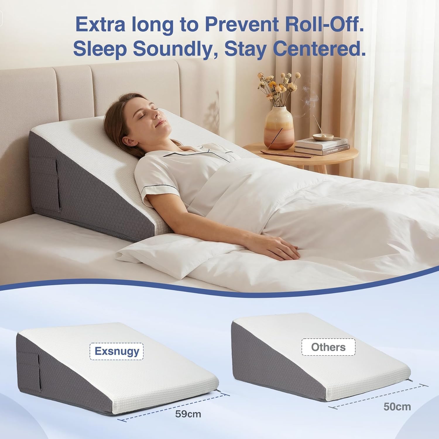 Exsnugy Cuscino a cuneo triangolare rialzato da 19 cm, per alleviare il reflusso acido, per dormire, post chirurgia, sollievo dal mal di schiena, russare, in morbida memory foam e fodera lavabile e