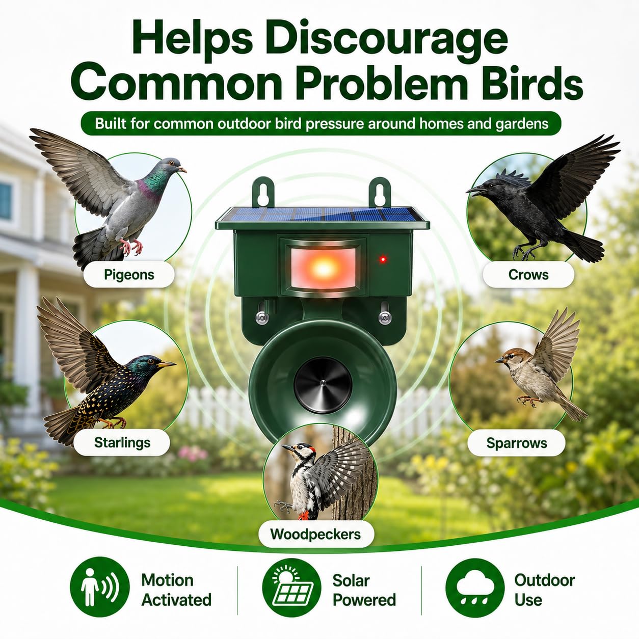 Dispositivos repelentes de pájaros ultrasónicos solares mejorados 2026 con sensor de movimiento para palomas, cuervos y pájaros carpinteros, dispositivo impermeable para asustar pájaros para patio