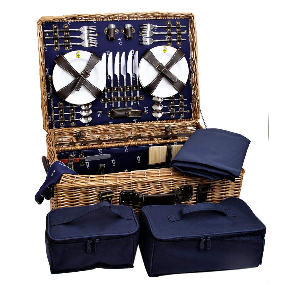 Les Jardins de la Comtesse - Cestino da picnic per 6 persone "Champs-Elysées" blu, completo di tasche isolanti, tagliere e tovaglia, dimensioni: 62 x 44 x 23 cm