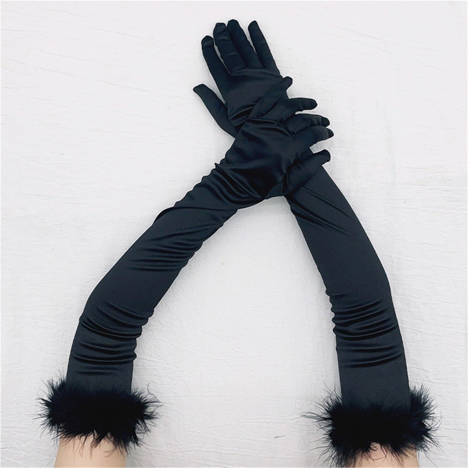 2 paia di eleganti guanti da ballo in raso con piume peluche, a dita intere for le donne, lunghi Halloween, accessori for feste Per Le Donne