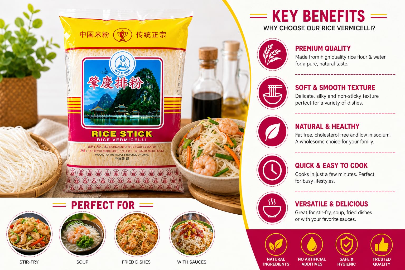 Noriko Wu Chen Rice Stick Vermicelli • Authentic Asian-Style Gluten-Free Rice Noodles, 14.1 oz ℮ 400 g
