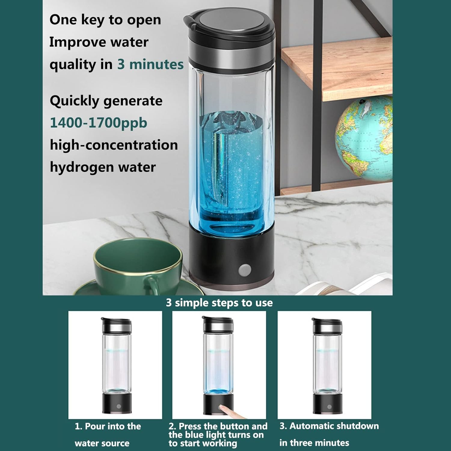 Portable Hydrogen Water Bottle Hydrogen Water Generator Ionizer Make Hydrogen Content Up to 1400-1700 PPB High Concentration Discharge and Chlorine for Travel Hiking Swimming