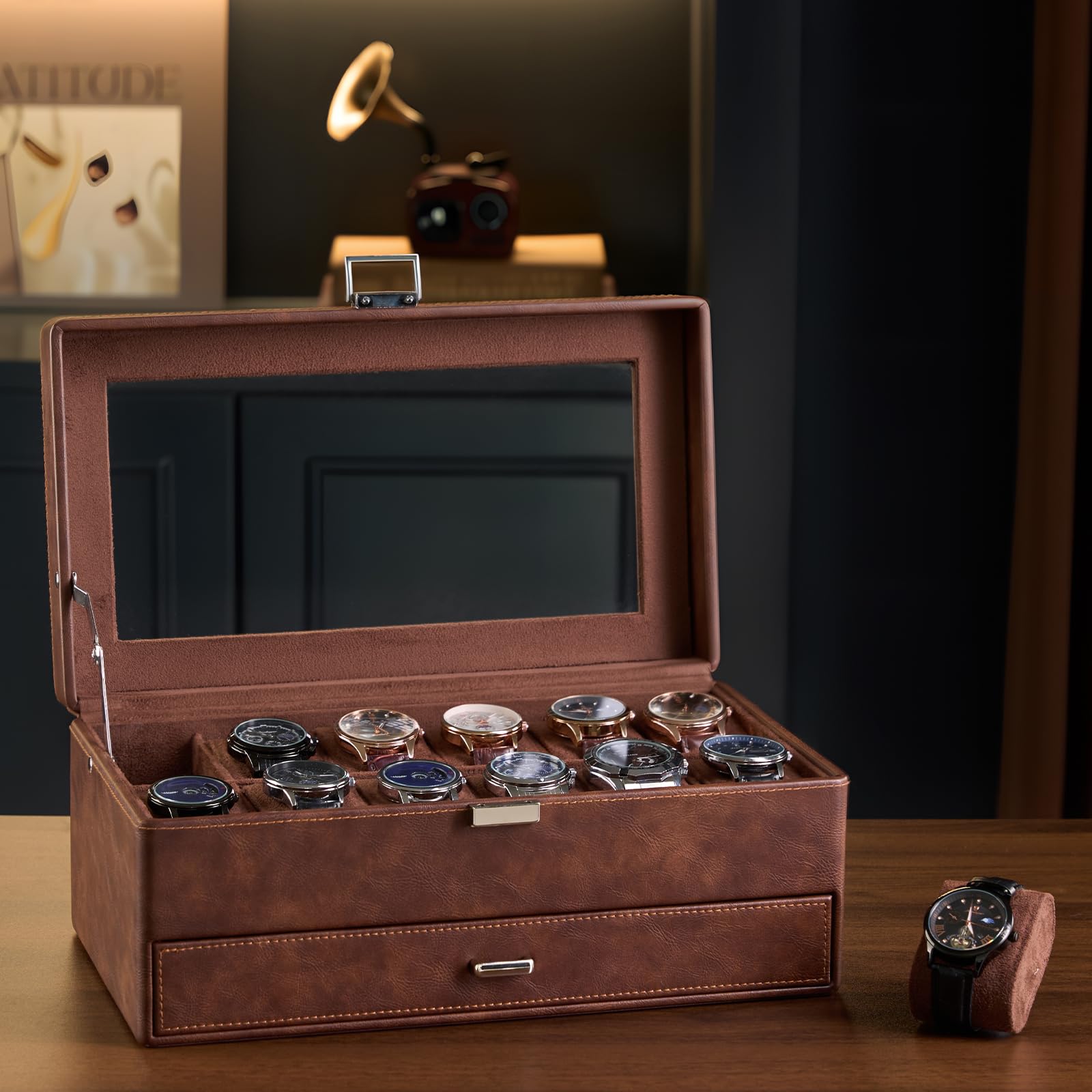 ProCase 12 Slot Uhrenbox für Herren，Uhrenkasten mit Schublade, Men’s Watch Box, Uhrenaufbewahrung Uhrenkoffer Uhrenschatulle - Braun