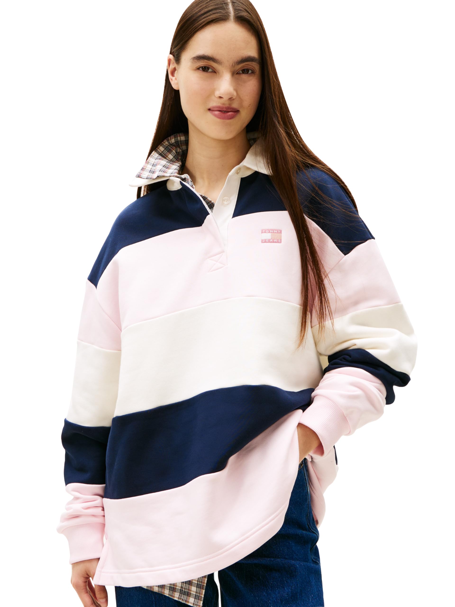 Tommy Jeans womens Medium Weight Long Sleeve Striped Rugby Sweater With Embroidered Flag Logo