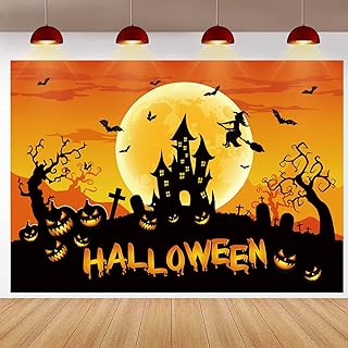 Halloween Backdrop for Kids Orange Night Moon Photography Background Bat Castle Horror Pumpkin Witch Graveyard Happy Halloween Party Decoration Banner Photo Props (8x6FT)