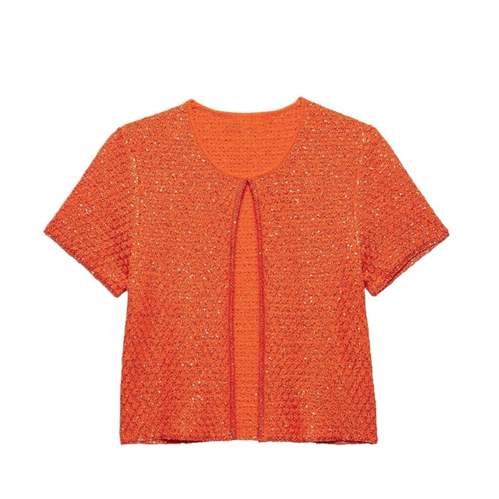 Gilet Sans Manche Femme Cardigan en tricot à paillettes for femme, col rond, manches courtes, boutons, sans, avec bretelles(Orange cardigan,S)