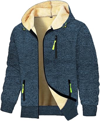 Mens Fleece Jackets Sherpa Lined Sweatshirt Zip Up Hoodie Fall Fashion Warm Coat Brushed Winter Hooded Jacket