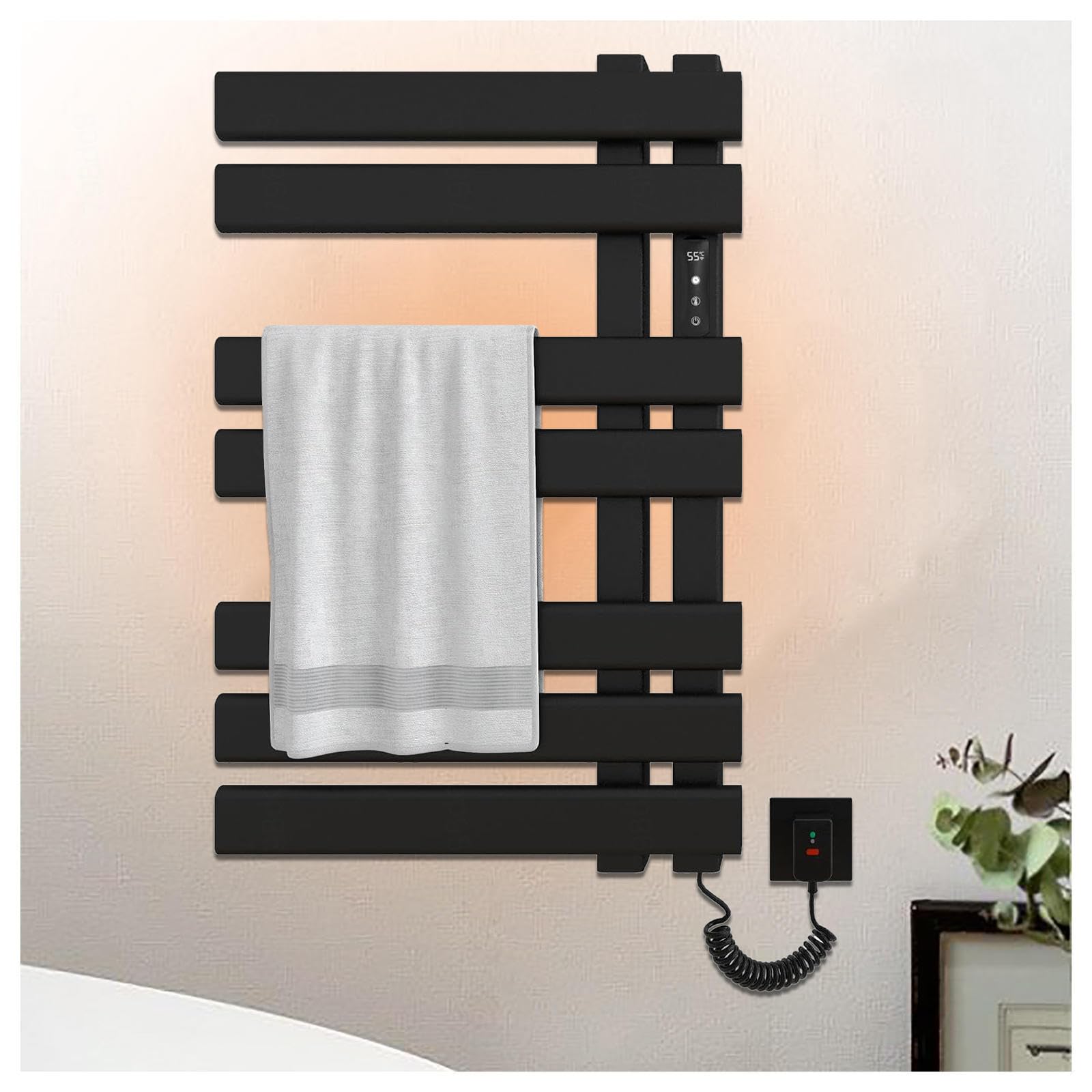 Towel Rack Warmer, Towel Rack Warmer with Timer,LED Display,Constant Temperature Control, Wall Mounted Towel Warmer Wall Mounted Plug-in/Hardwired,B-Black