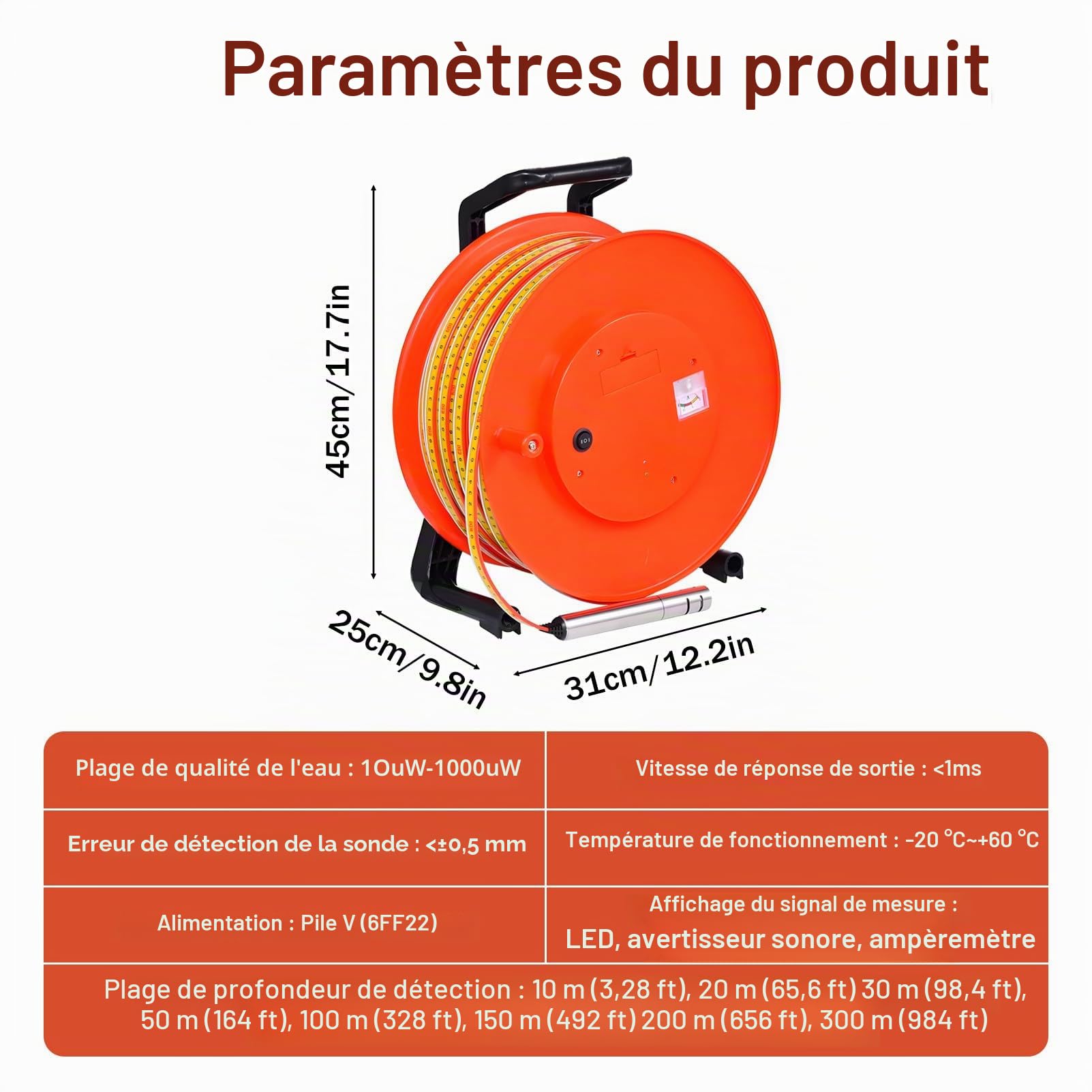 Indicateur électronique de Niveau d'eau pour puits, Outil de Mesure du Niveau d'eau avec sonde en Acier Inoxydable, sondeur Portable pour puits Profonds et forages 100m(328ft)