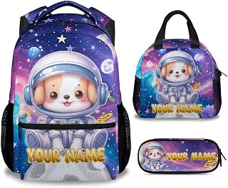 Dog Backpack with Lunch Box - Set of 3 Custom Kindergarten Backpacks Matching Combo - Fashion Kids Bookbag and Pencil Case Bundle