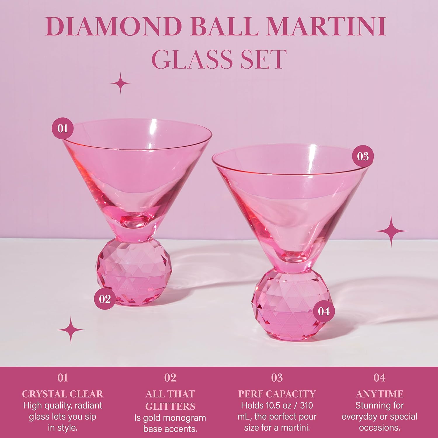 Paris Hilton Martini Glass Set with Iconic Gem Base, Perfect for Parties and Special Occasions, Serve Martinis, Mocktails and More, 10.5-Ounce, 2-Piece Set, Pink - Image 5