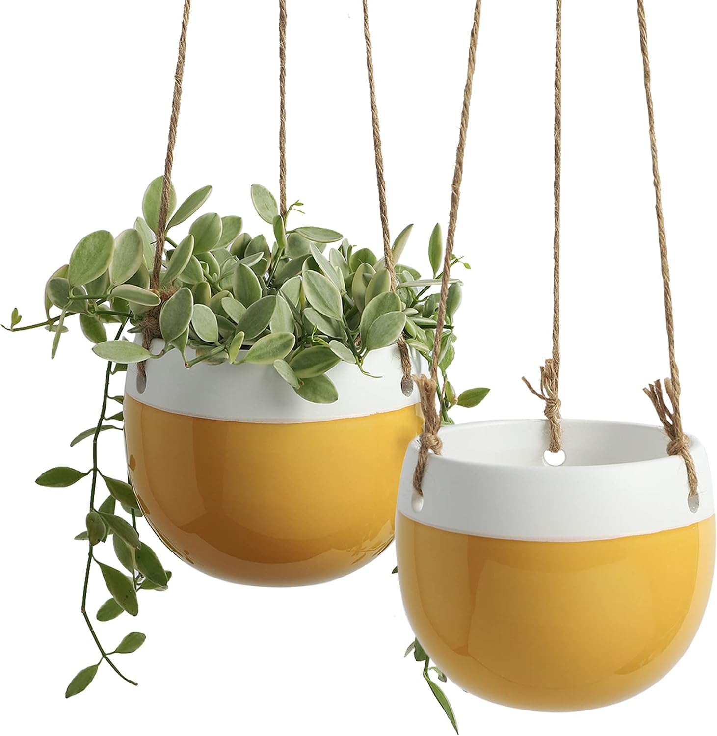 POTEY Ceramic Hanging Planters Plant Pots 056705 4.7 Inch Indoor Hanging Pots Round Plant Holder Home Decor with Jute Rope for Succulents Herbs Ivy Ferns Crawling Plants Small Plants(Set of 2)