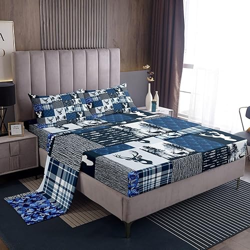 Erosebridal Juego de sábanas de alce rústico para adolescentes y jóvenes, juego de ropa de cama de cuernos de camuflaje matrimonial, sábana bajera