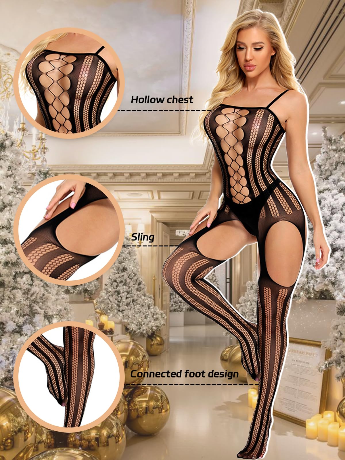 Buitifo Womens Fishnet Bodystocking Plus Size Crotchless Bodysuit Sexy Tights Soft Nightwear Lingerie: One Size Black Nnst