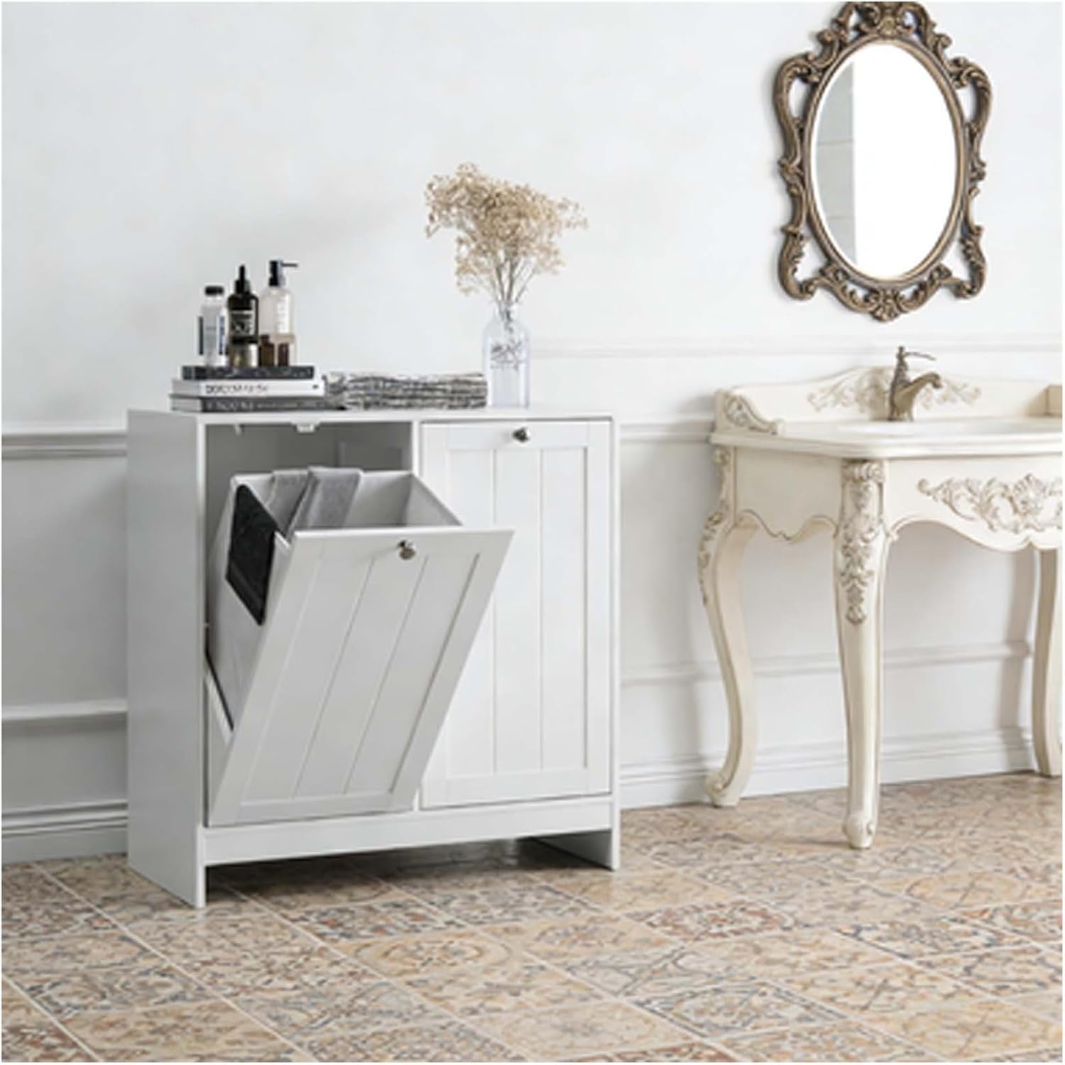 Double Laundry Hamper Tilted Design with Removable Basket, Bathroom Laundry Hamper Storage, Free-Standing Laundry Basket Cabinet for Home, White
