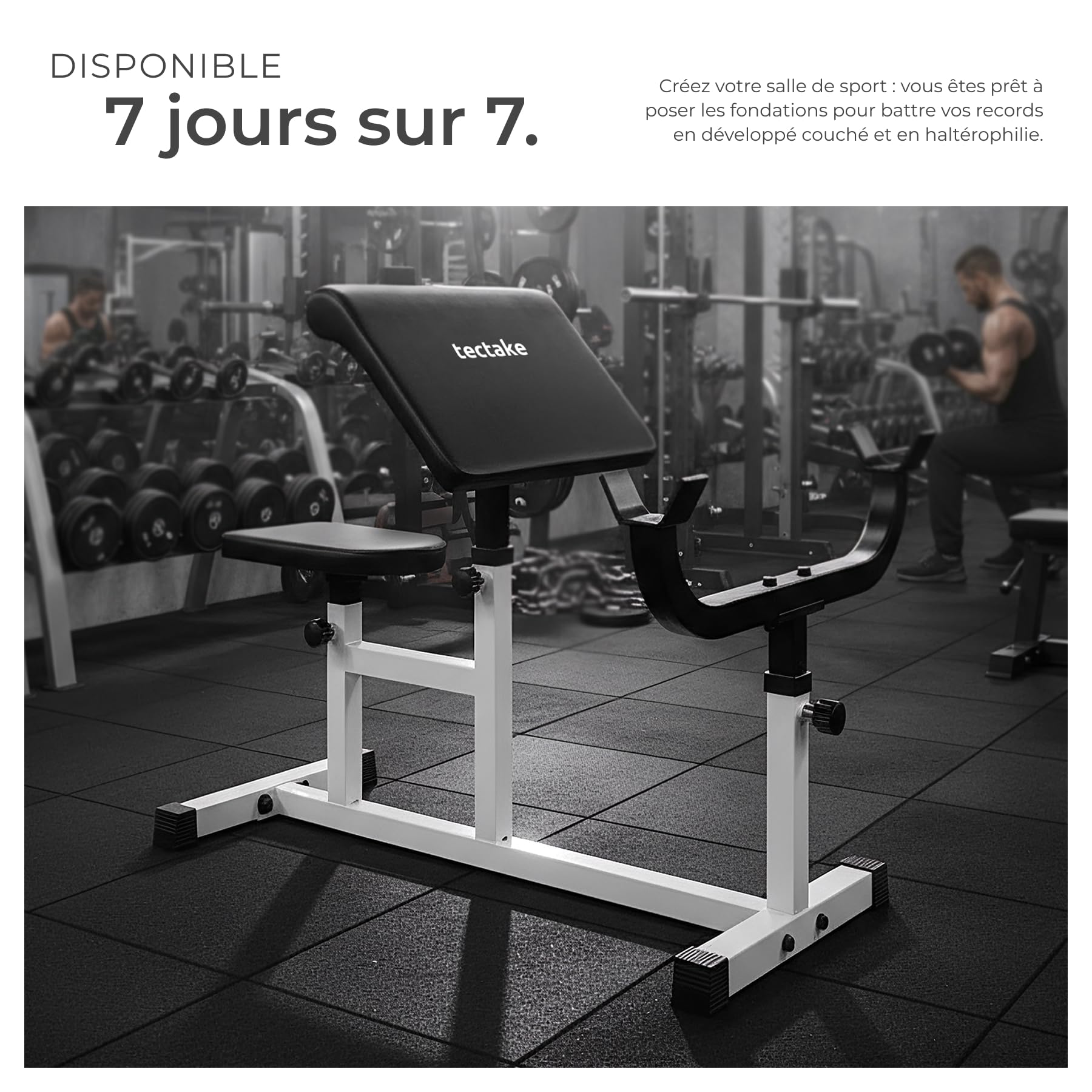 tectake® Banc de musculation Curl pour Biceps, Banc musculation, 100 x 65 x 96 cm, Accoudoir réglable sur 4 niveaux, Assise réglable sur 5 niveaux, Idéal Haltères, Sport Maison, Salle de sport
