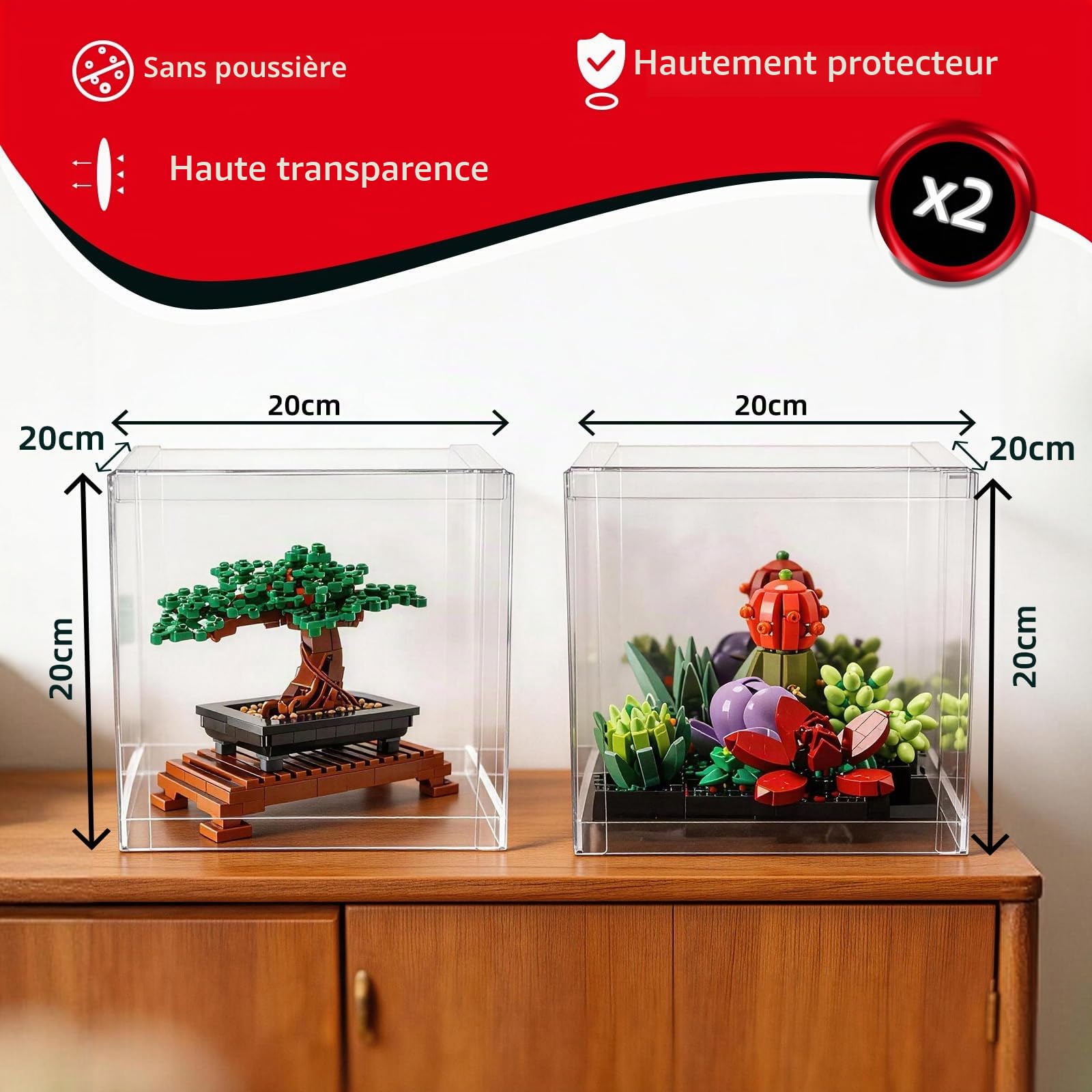 BRIKSMAX Lot de 2 vitrines avec housse anti-poussière pour casque LEGO Botanical Series et Ferrari HP, vitrine transparente pour bonsaï, plantes grasses, sapin de Noël et casque, 20,1 x 20,1 x 20,1 cm