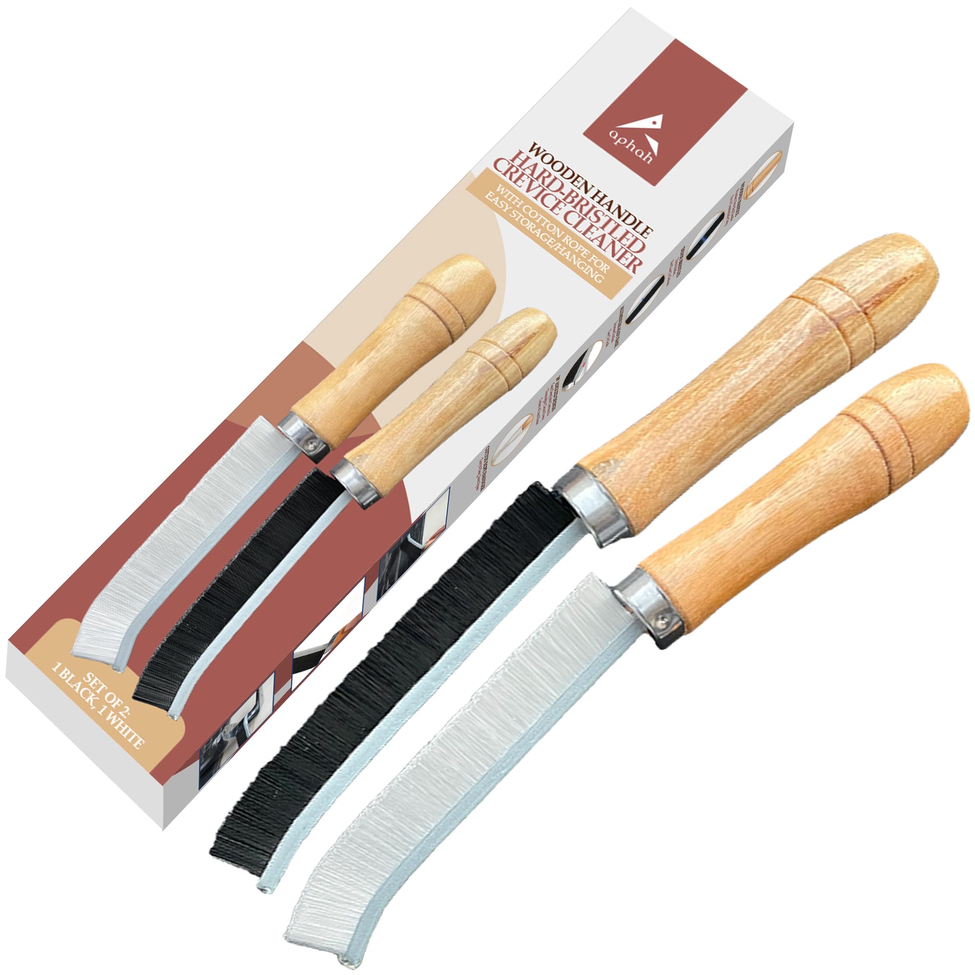 Aphah Crevice Cleaning Brush - Hard Bristle Cleaning Brush with Wooden Handle - Gap Cleaning Brush for Kitchen, Bathroom, Window, and More - 2X Multifunctional Cleaning Brush with Hanging Rope