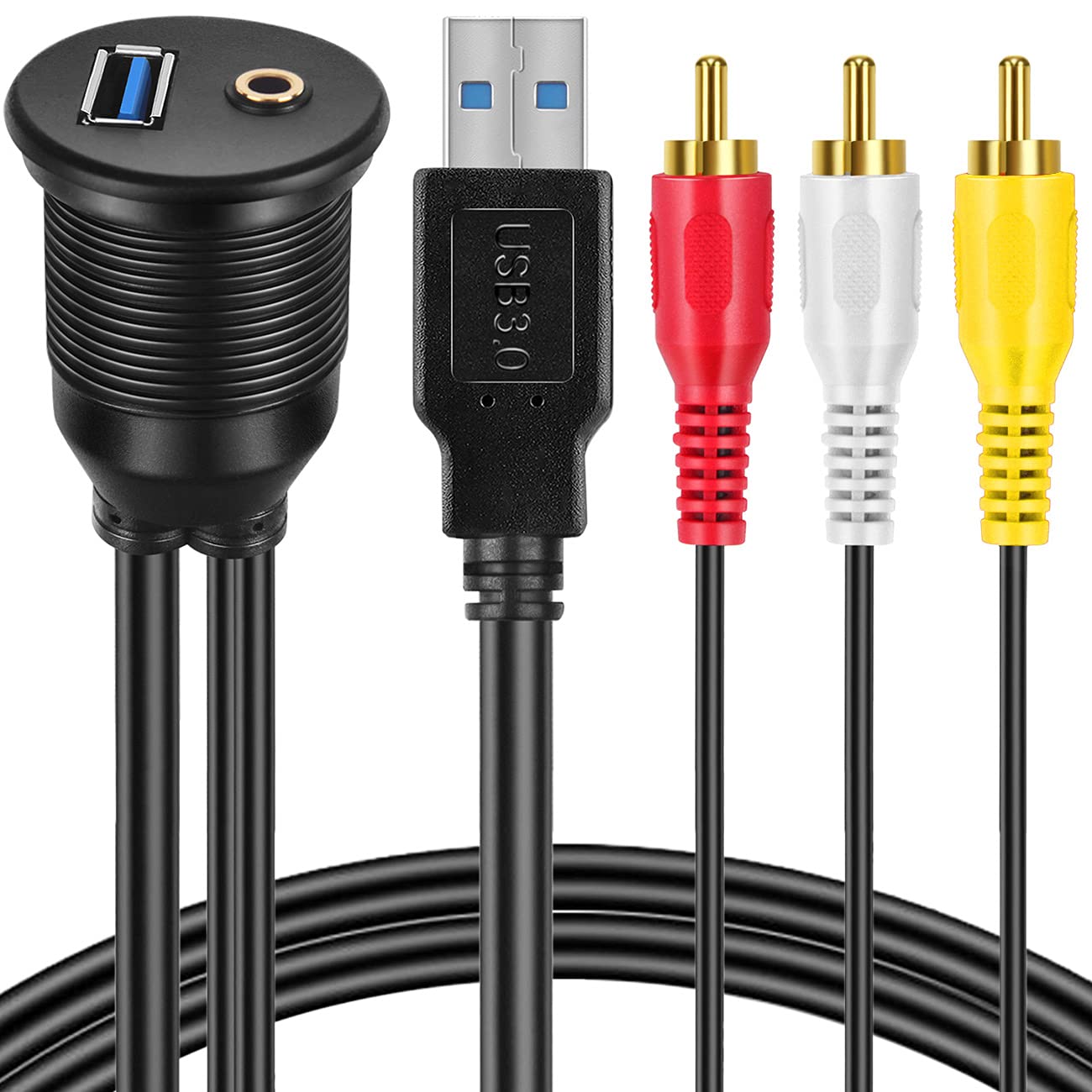 USB 3.0 RCA Flush Mount Cable Kit USB 3.0 and 3 RCA to USB and 3.5mm Female AUX Extension Cable Dashboard Panel Dash Mount Port (3 feet)