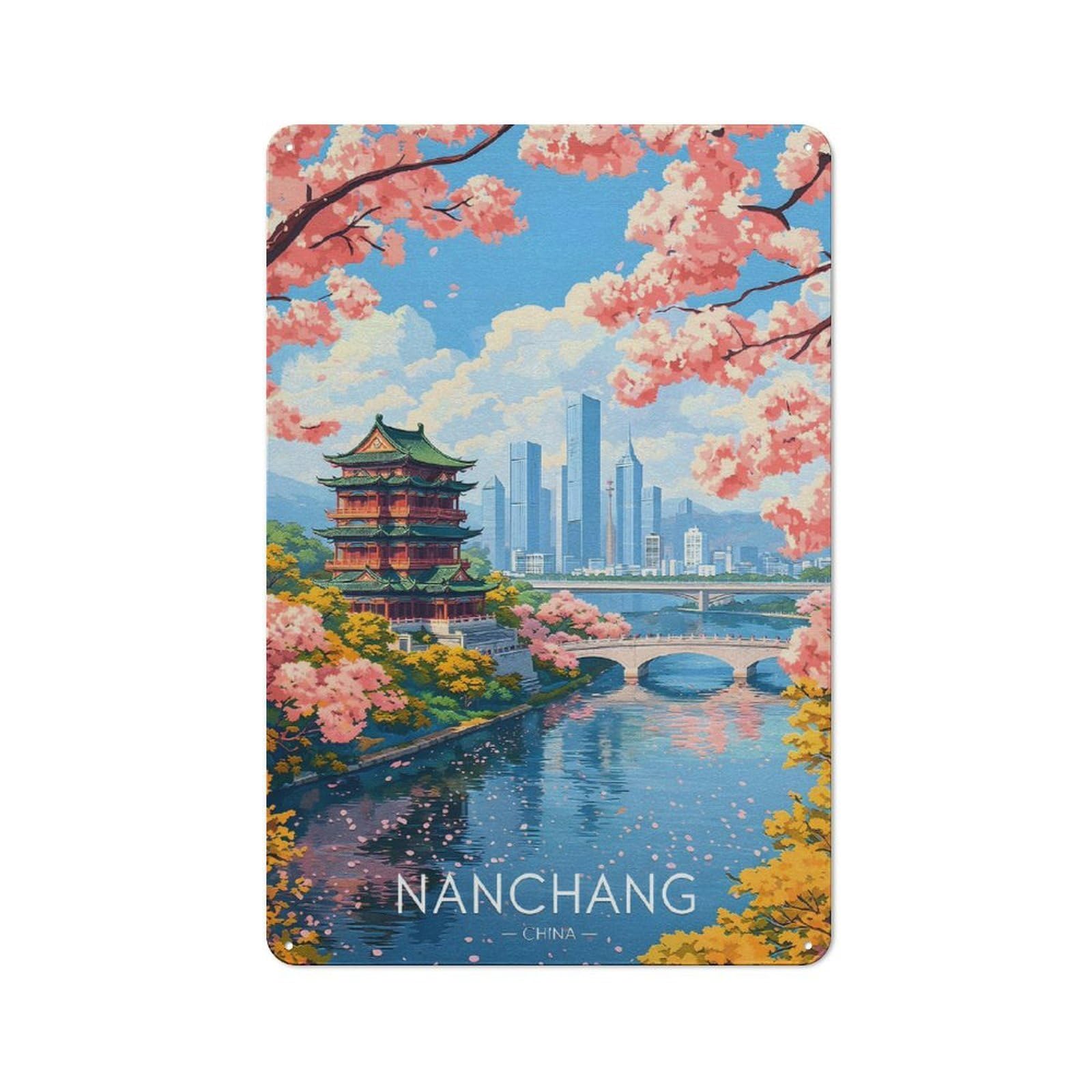 Nanchang Cityscape with Cherry Blossoms Tin Sign 30x20cm, Vintage Home Bar Decor for Cafe, Pub, Workshop Or Home Bar, for Relaxed Wall Styling