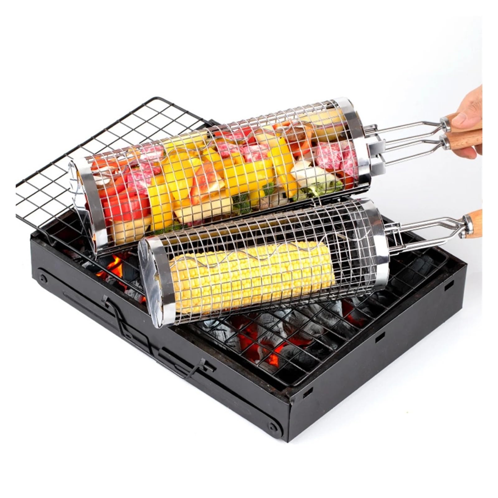 Griglia portatile in acciaio inox per pesce, gamberetti, verdure e patatine fritte, accessorio per barbecue da 50,5 x 9,8 cm, perfetto per grigliate all'aperto e barbecue
