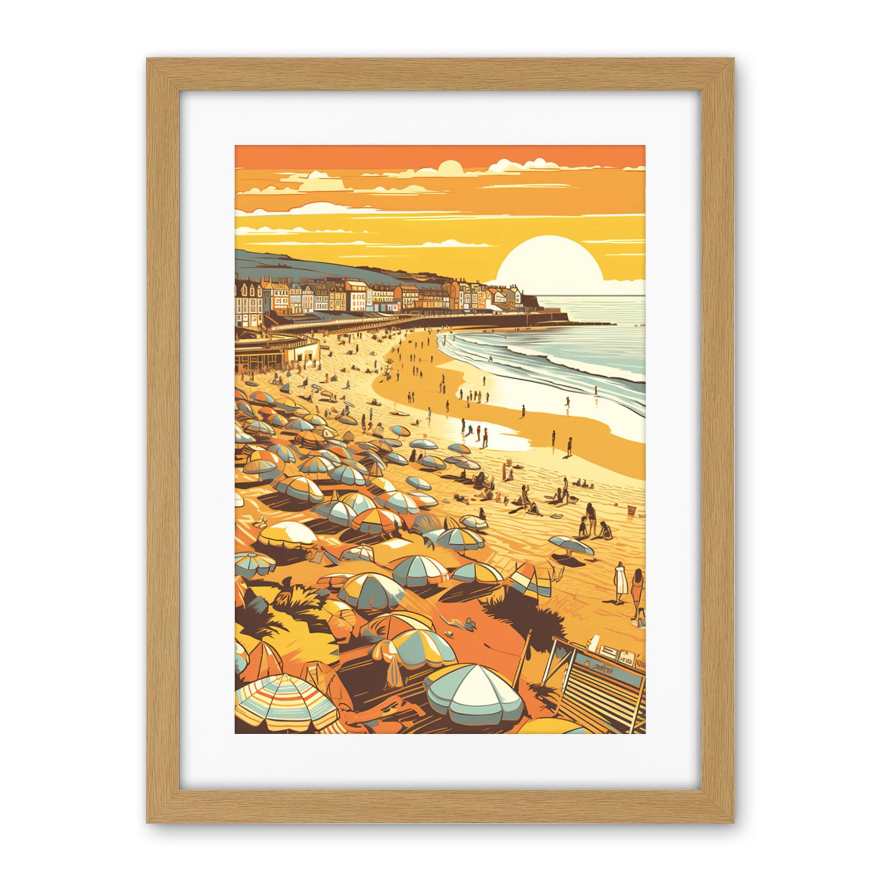 Artery8 Summer Sunset at Busy Sandy Promenade Beach Artwork Framed Wall Art Print 18X24 Inch