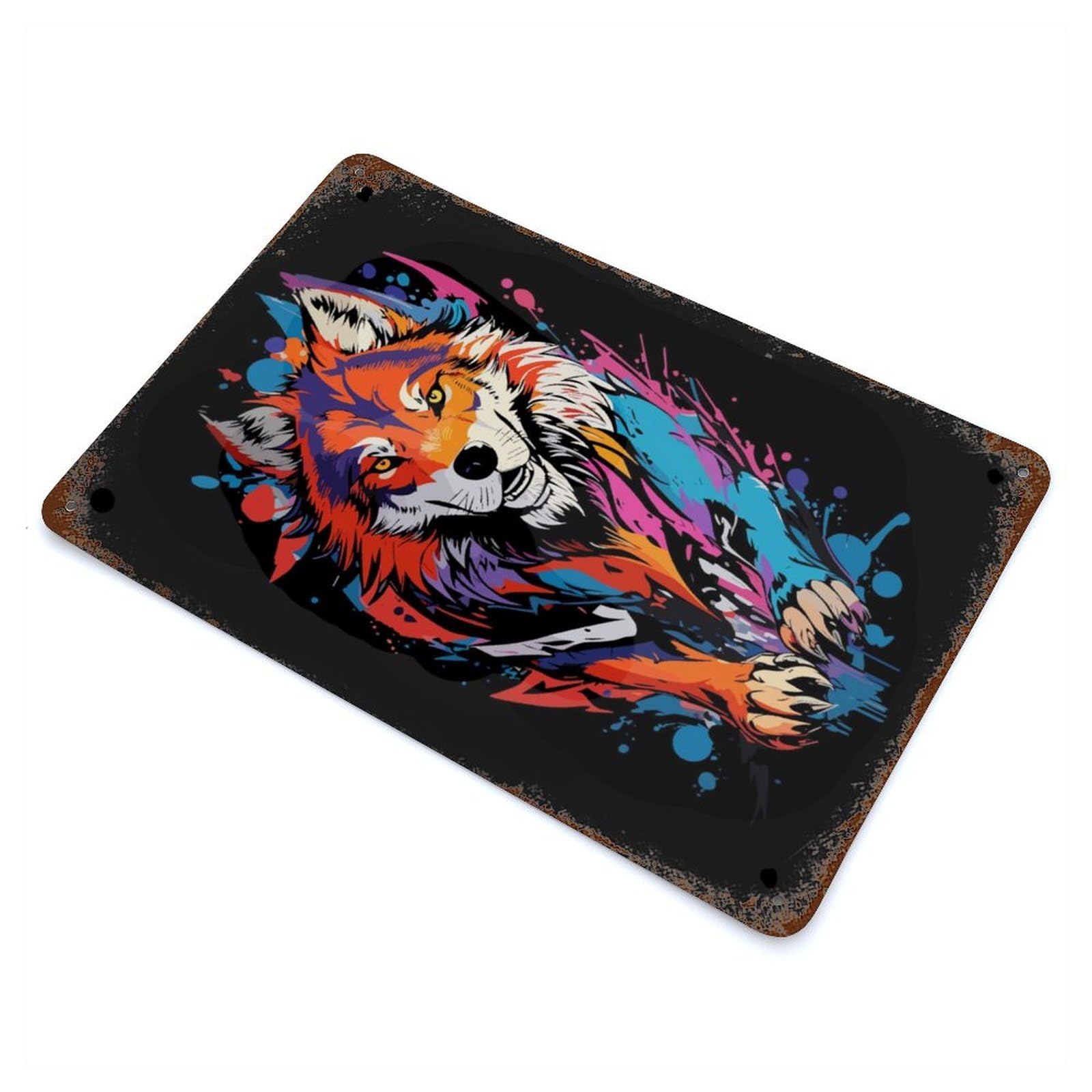 Vintage Rust Metal Sign Wolf Graffiti Style 11.8"x7.9", Decorative Metal Wall Art for Basement, Hobby Room And Garage Decor