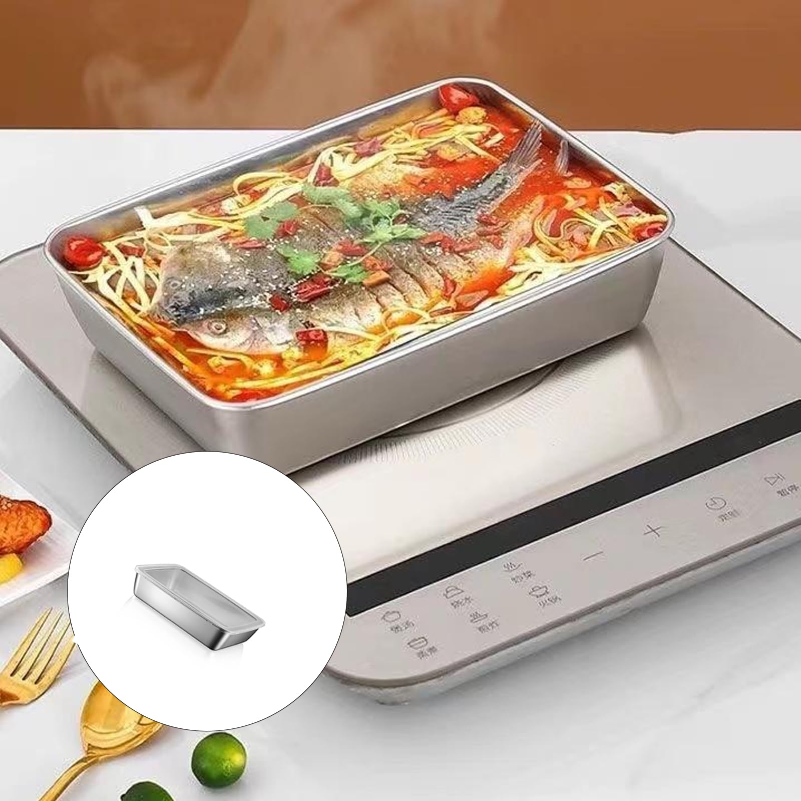 Bandeja de acero inoxidable para servir barbacoa, recipiente de alimentos inoxidable con tapa sellable, gran capacidad para cocina, almacenamiento al aire libre y refrigerador, perfecto para fiestas y