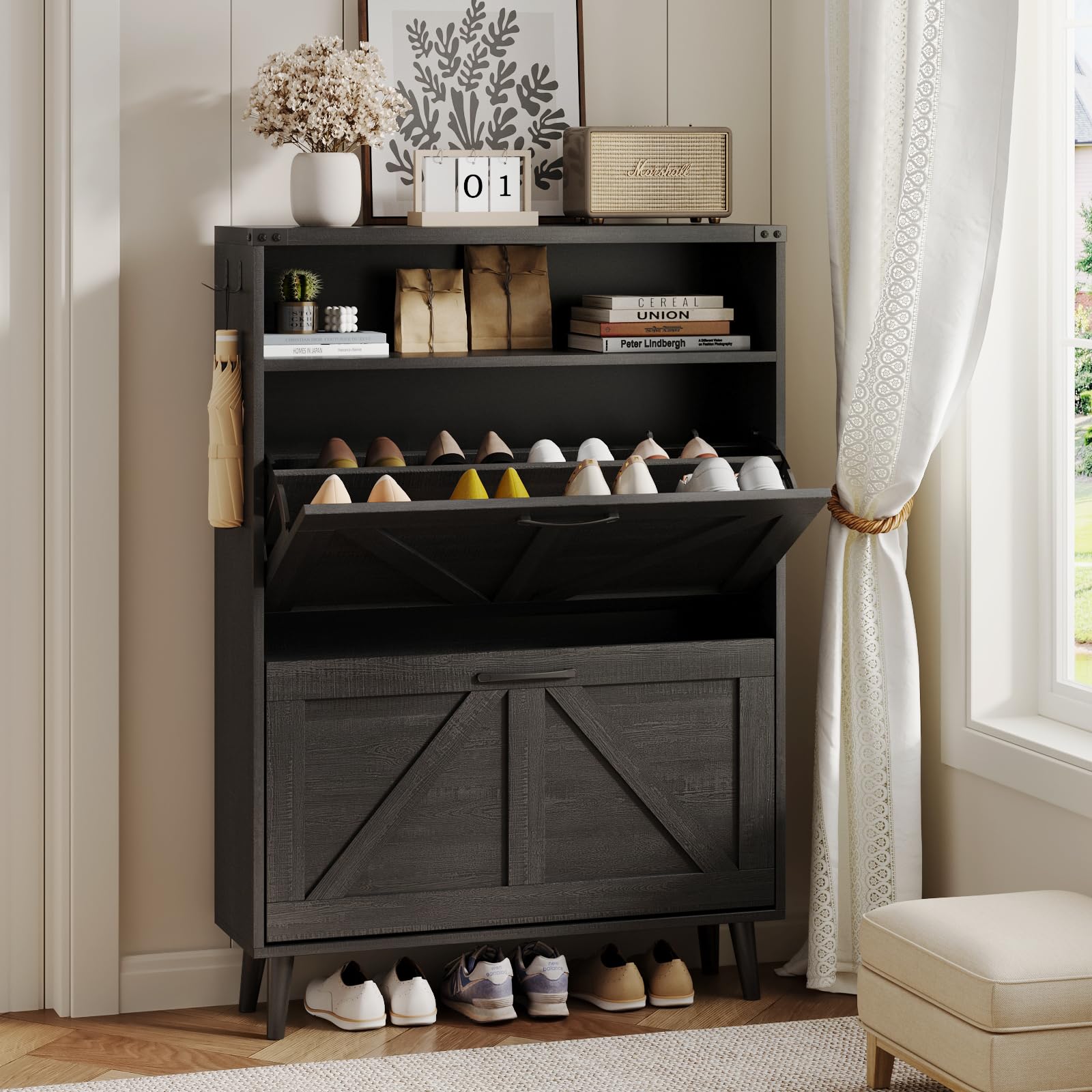 Halitaa Shoe Cabinet with 2 Flip Drawers & Open Storage,Farmhouse Shoe Storage Cabinet for Entryway,Freestanding Narrow Organizer Rack with Legs,Foyer