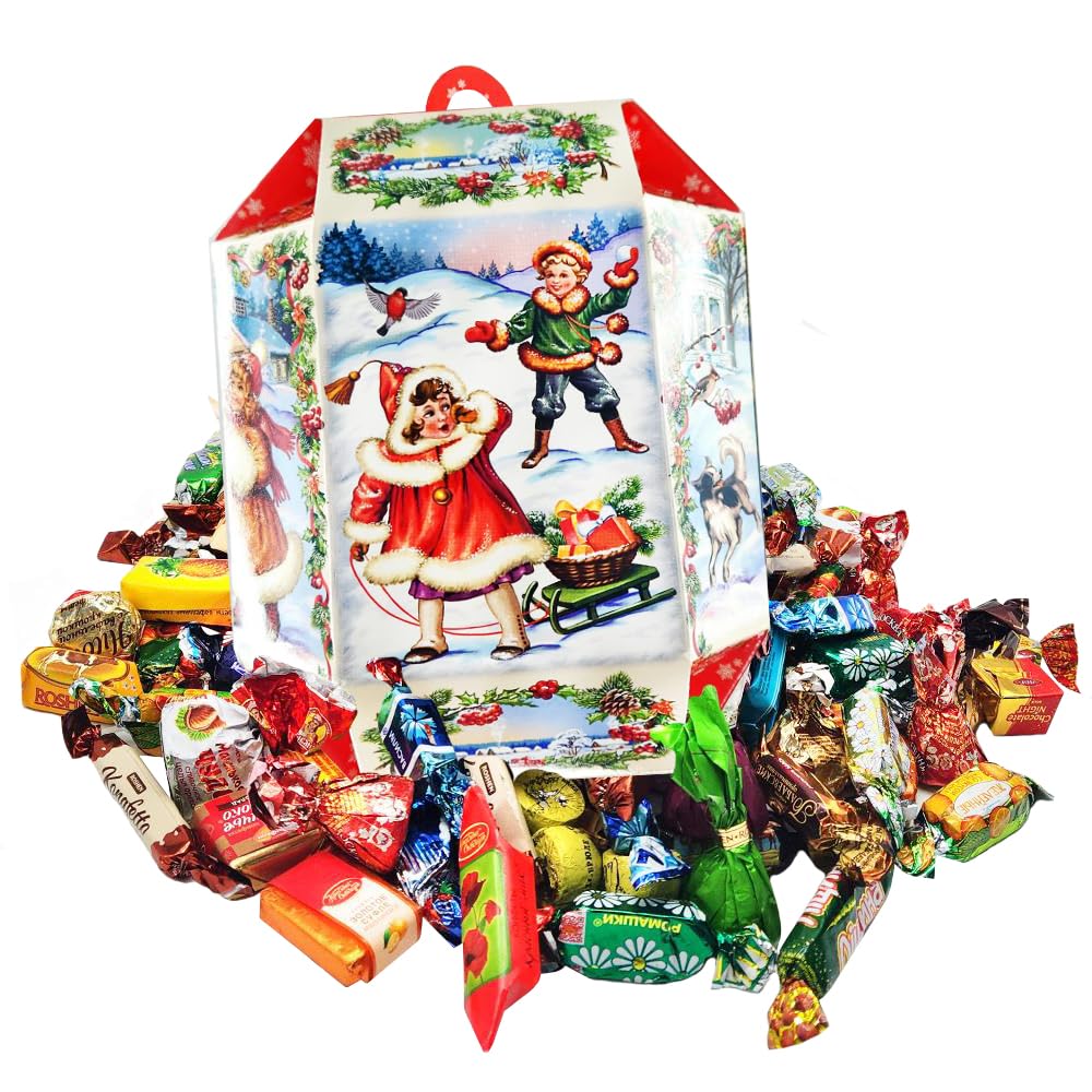 Happy New Year & Christmas Cardboard Gift Box - Winter Fun - Eastern European Chocolate Candy Party Mix Variety - 900g/ 2lbs