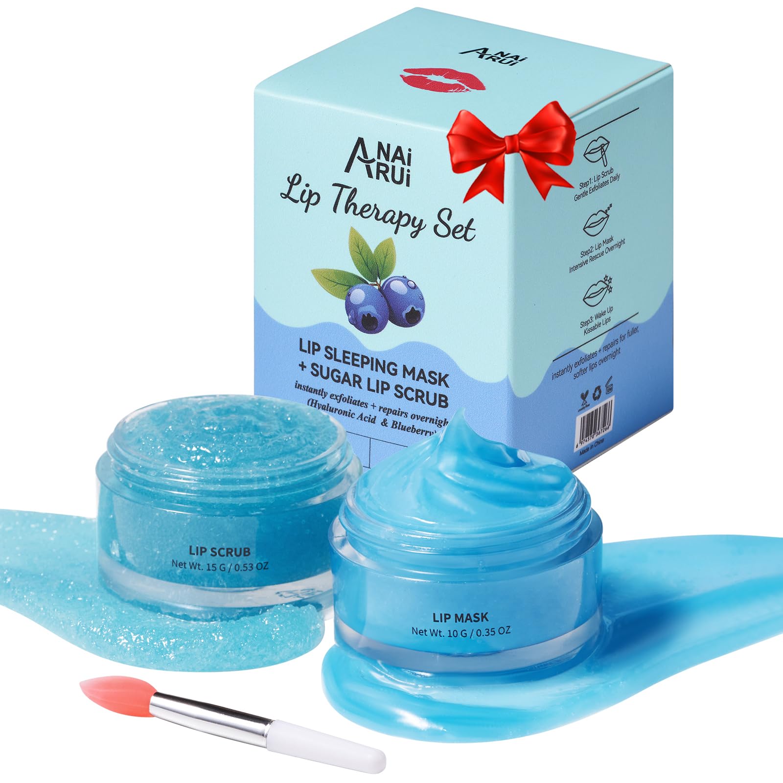 ANAI RUI Lip Therapy Set, Lip Scrub & Lip Mask, Overnight Moisturizing Lip Care Kit, Suagr Lip Exfoliator and Lip Sleeping Mask for A Soft Lips, Lip Gift Set for Dry, Chapped, Dark Lips, Blueberry