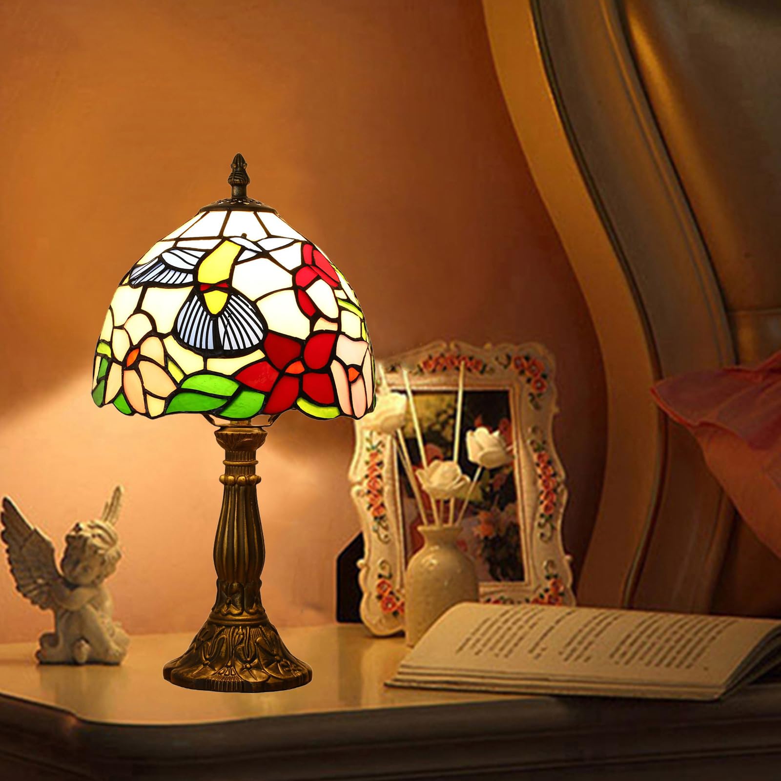 Lampada Tiffany da Tavolo con Paralume in Vetro Colorato per Soggiorno, Camera da Letto, Studio e Tavolino da Caffè
