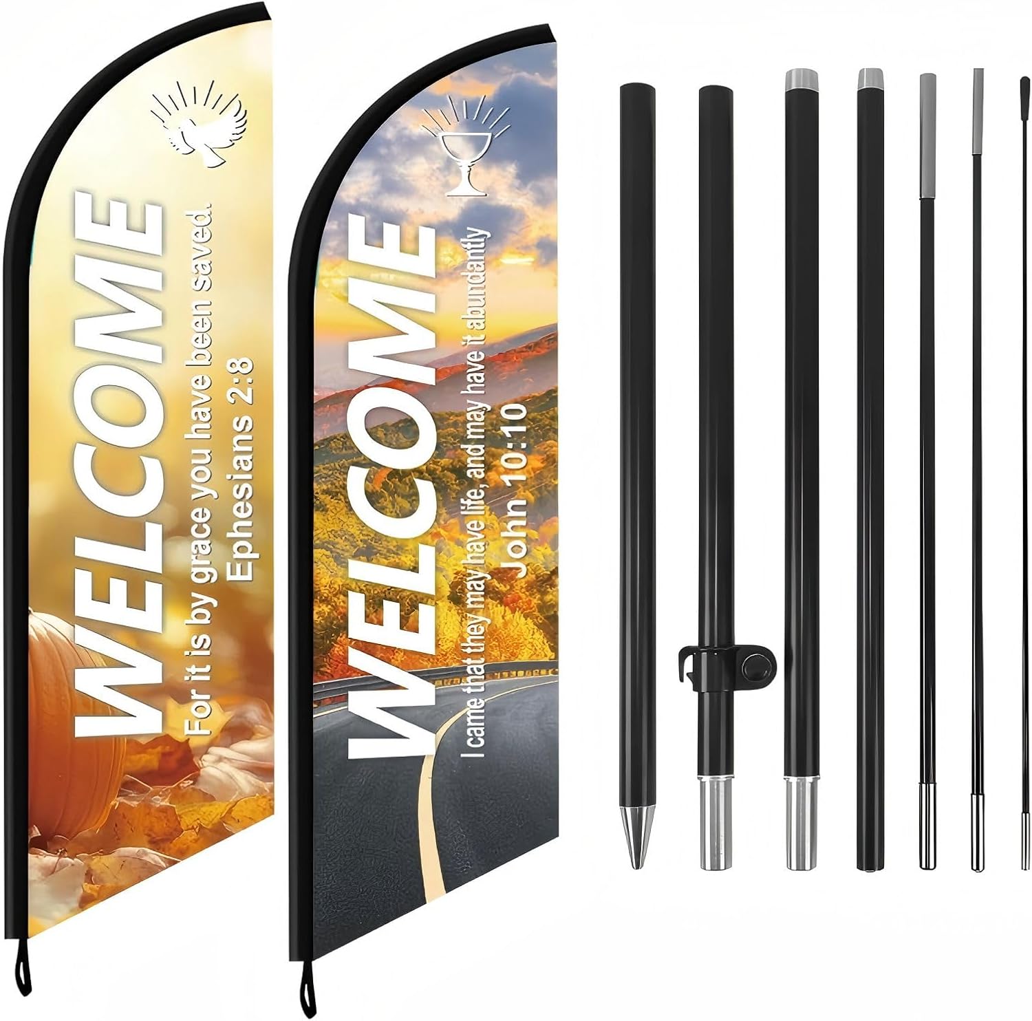 Gueevin 2 Sets Church Feather Flag Fall Welcome Flags with Poles 6.6' Church Swooper Flag with Scripture Sanctuary Outdoor Banners Inspirational Christian Hanging Sign for Worship Religious Event