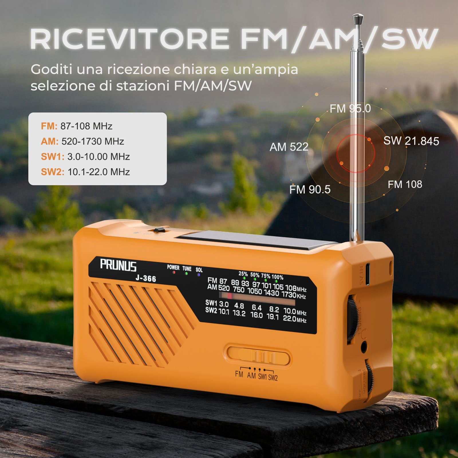 PRUNUS J-366 Radio Portatile Emergenza FM AM SW, 2000 mAh Power Bank con Allarme SOS e Torcia (Giallo)