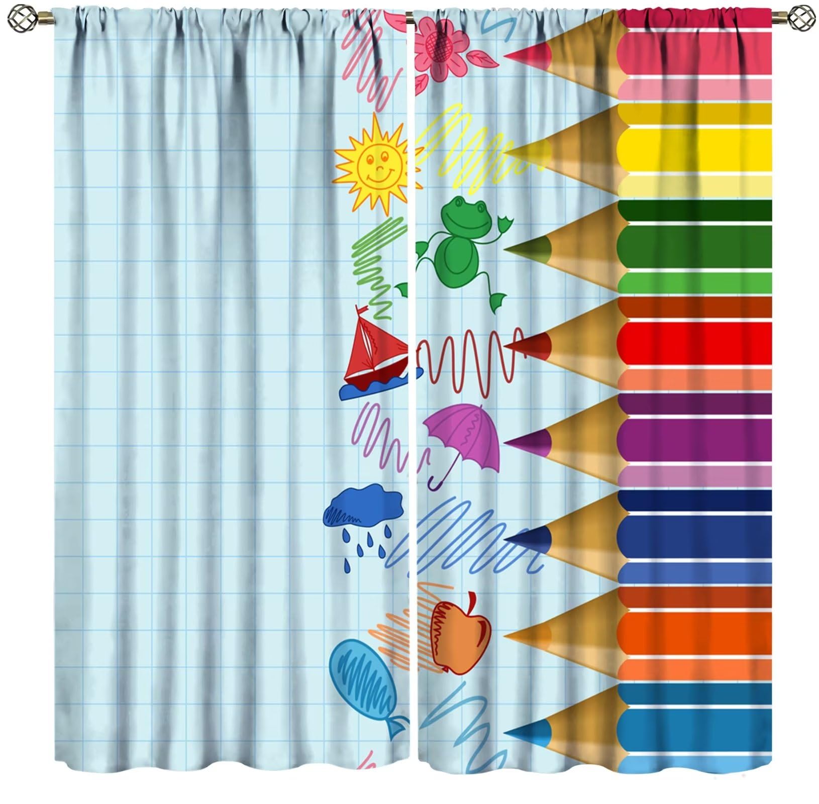 Kids Cartoon Pencil Curtains Colorful Cute Crayon Funny Art Printed Blackout Rod Pocket Curtains for Nursery Bedroom Living Room Decor Thermal Insulated Window Drapes 2 Panel Set 42x63in