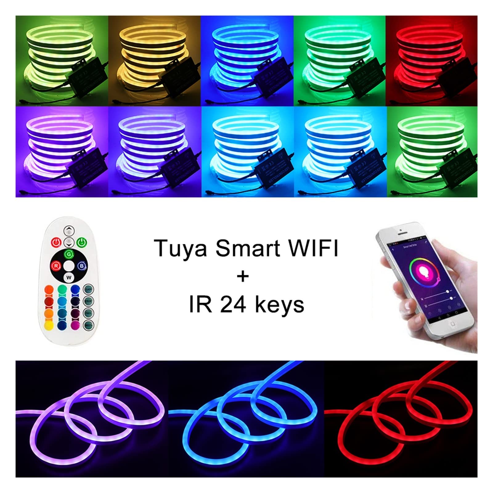 WiFi Remote Neon LED Strip Light RGB 24key Telecomando 1500W Controller Set 220V 110V Kit di Alimentazione Lampada Flex Impermeabile (Size : 10m)