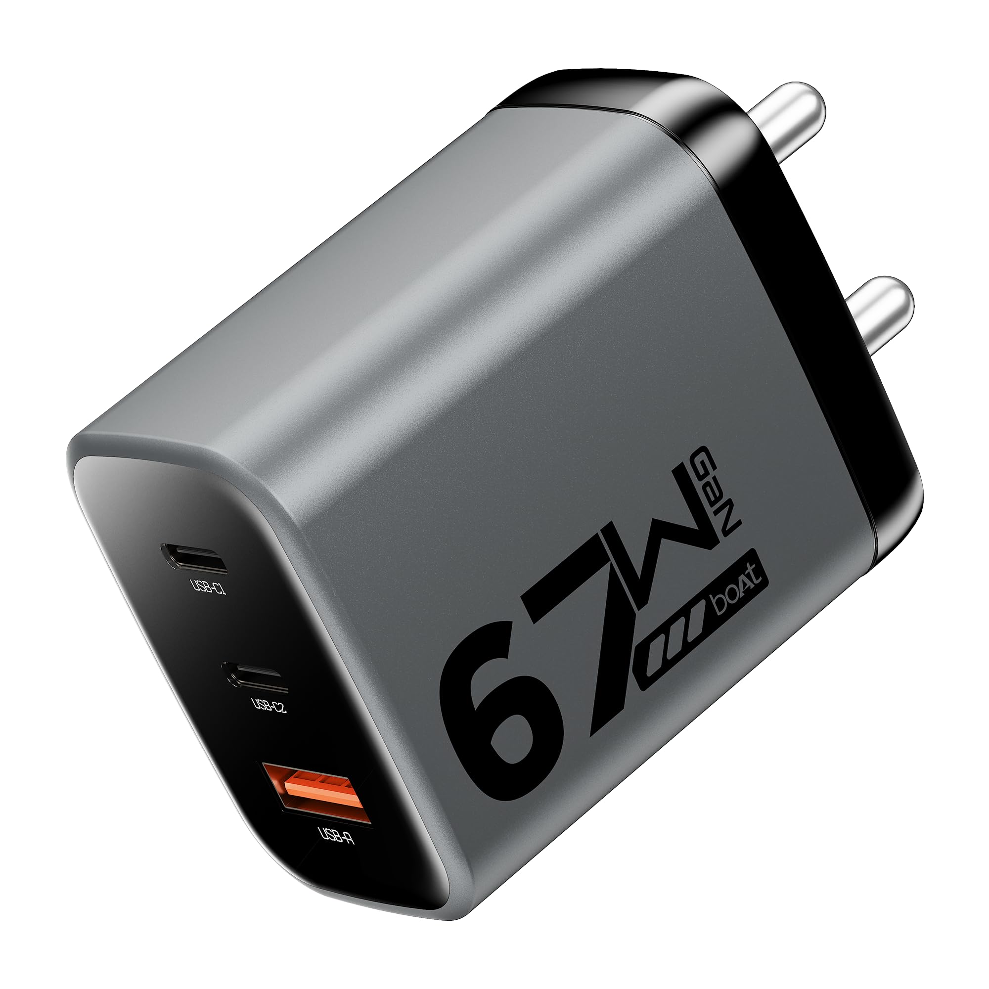 boAt 67W Gan Smartphone Charger, Ultra-Fast Triple Port Charging with Auto-Detect, Gan Chip Tech, Compact & Lightweight, Heat & Corrosion Resistant, Smart IC Protection 2 Pin(Ash Grey)