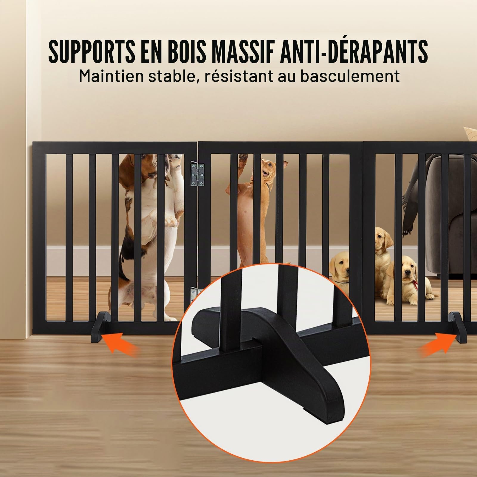 VEVOR Barrière de Sécurité pour Chiens 153x61 cm, Barrière d'Escalier Autoportant et Pliable, 3 Panneaux, Clôtures pour Animaux de Compagnie, pour Passages Larges et Étroits, Intérieur, Marron