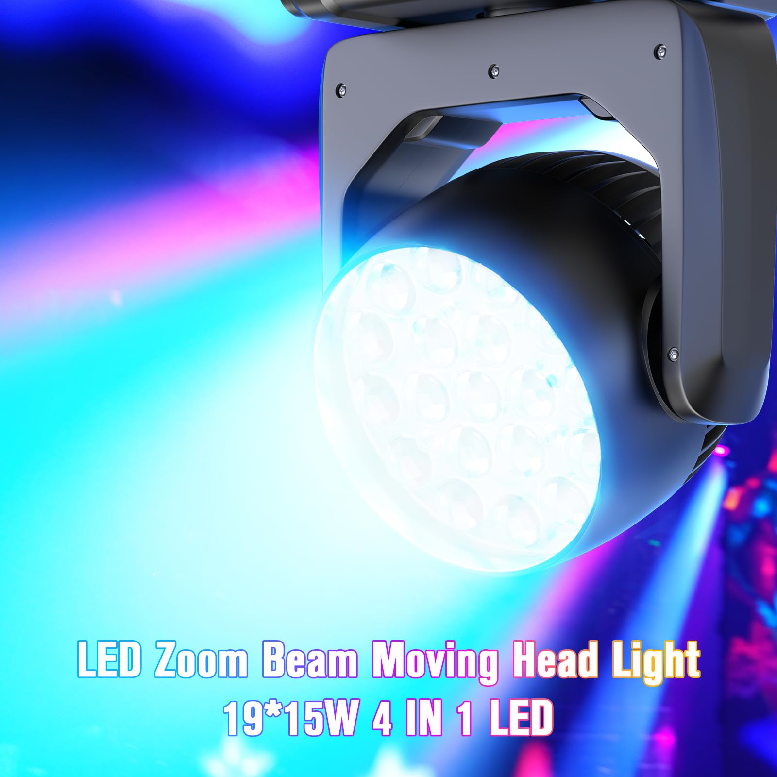 2 Pezzi con Flight Case 19x15W Teste Mobili LED Luci da Palco, 4 in 1 Luci da Palcoscenico, dmx512 Beam Zoom Luci da Discoteca professionale DJ luci per Festa, Matrimonio, Club e Spettacoli