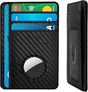 Airtag Wallet, Slim Wallet Airtag for Men, Genuine Leather Minimalist Air Tag Wallet, RFID Blocking Smart Wallet, Thin Front Pocket Credit Card Wallets Men Women Gifts-Carbon Fiber Black