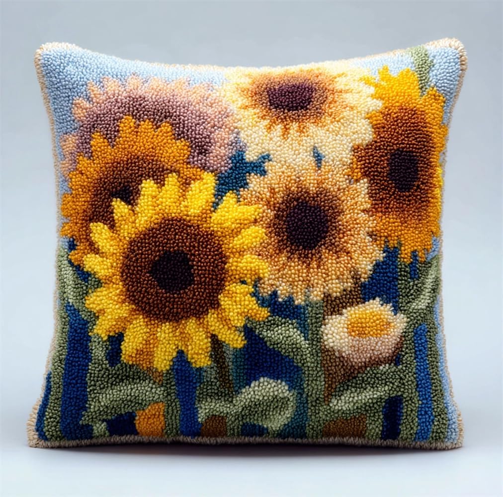 Latch Hook Cushion Kits For Adults 17X17Inch,Watercolor Sunflower Latch Hook Pillow Case Kits Embroidery Kits 43X43Cm, Diy Needlework Pillow Cover Cushion Rug Making Kit, Diy Craft Kit For W