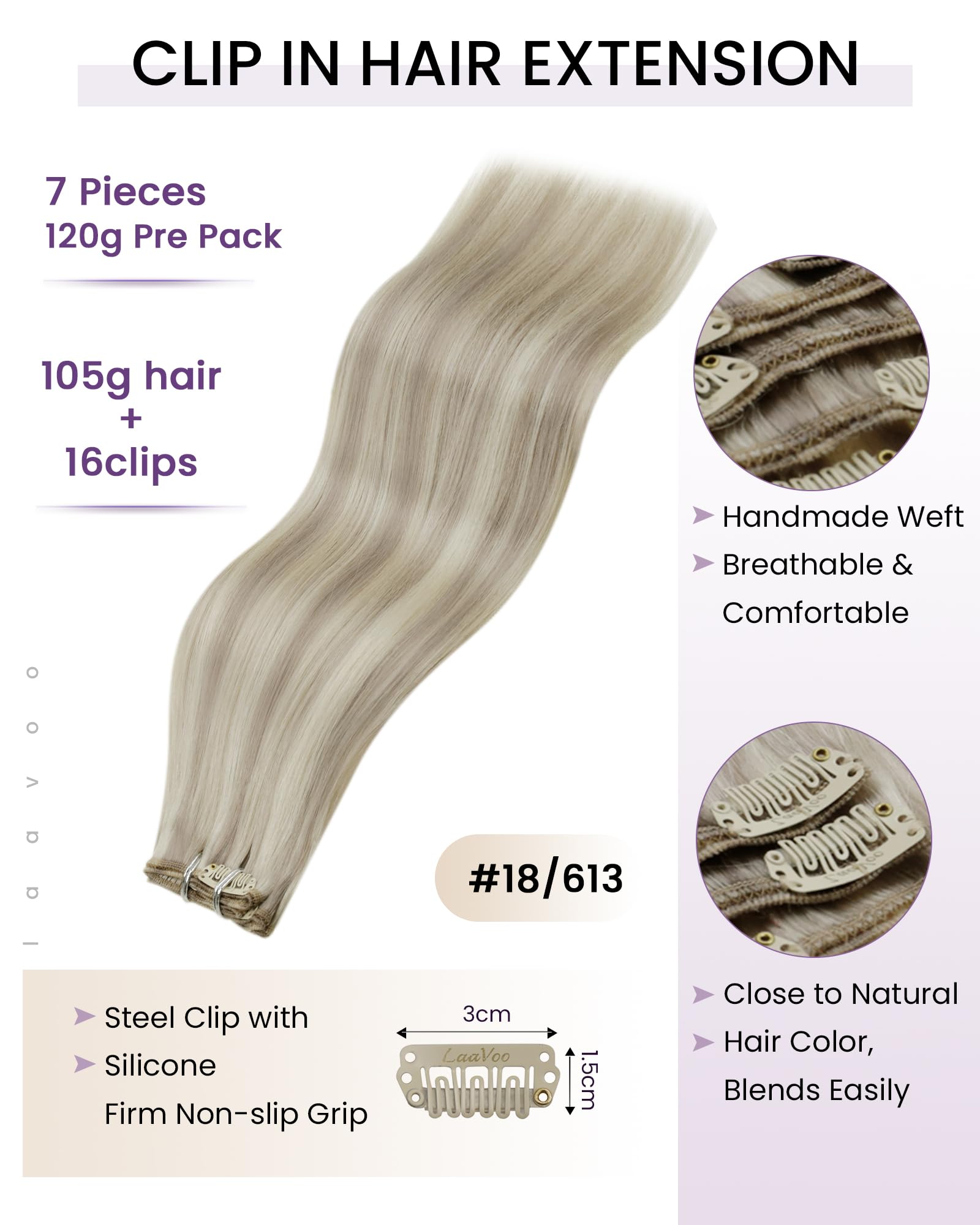 LaaVoo Blonde Clip in Hair Extensions Real Hair Extensions Clip in 24 Inch 140g 7pcs Full Head Straight Highlight Ash Blonde Remy Hair Double Weft #18/613 - Image 3