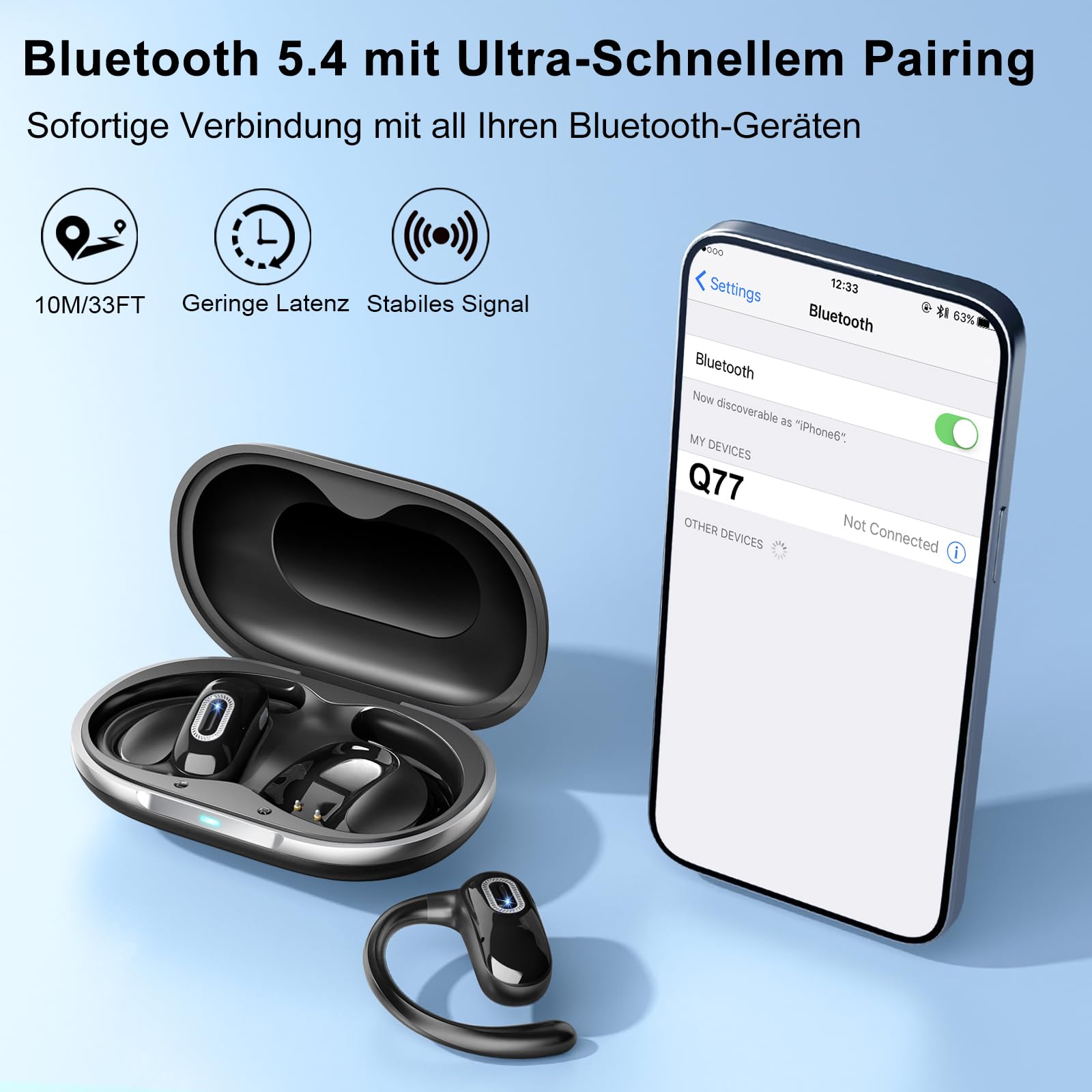 Open Ear Kopfhörer, Bluetooth 5.4 Kopfhörer Kabellos, Tiefer Bass mit 4 ENC Mikrofon, 58 Std, Sportkopfhörer Over-Ear mit Ohrhaken, IPX7 Wasserfest Bluetooth Ohrhörer für Laufen, Fitness, Schwarz